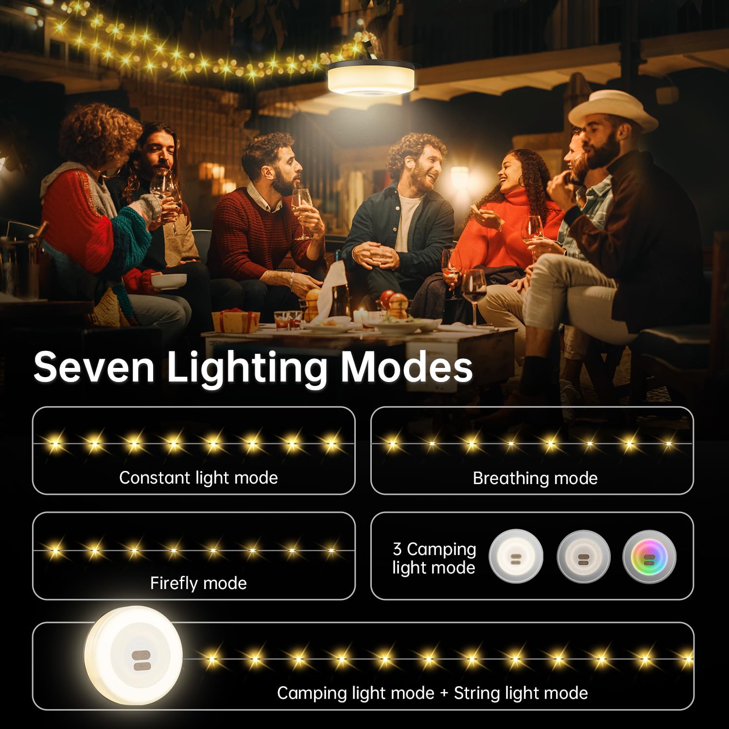 MORIKO 2-in-1 USB Rechargeable Camping String Lights - 33FT Fairy Lights, Light Yellow, 7 Modes, Portable Lantern for Tent and Yard