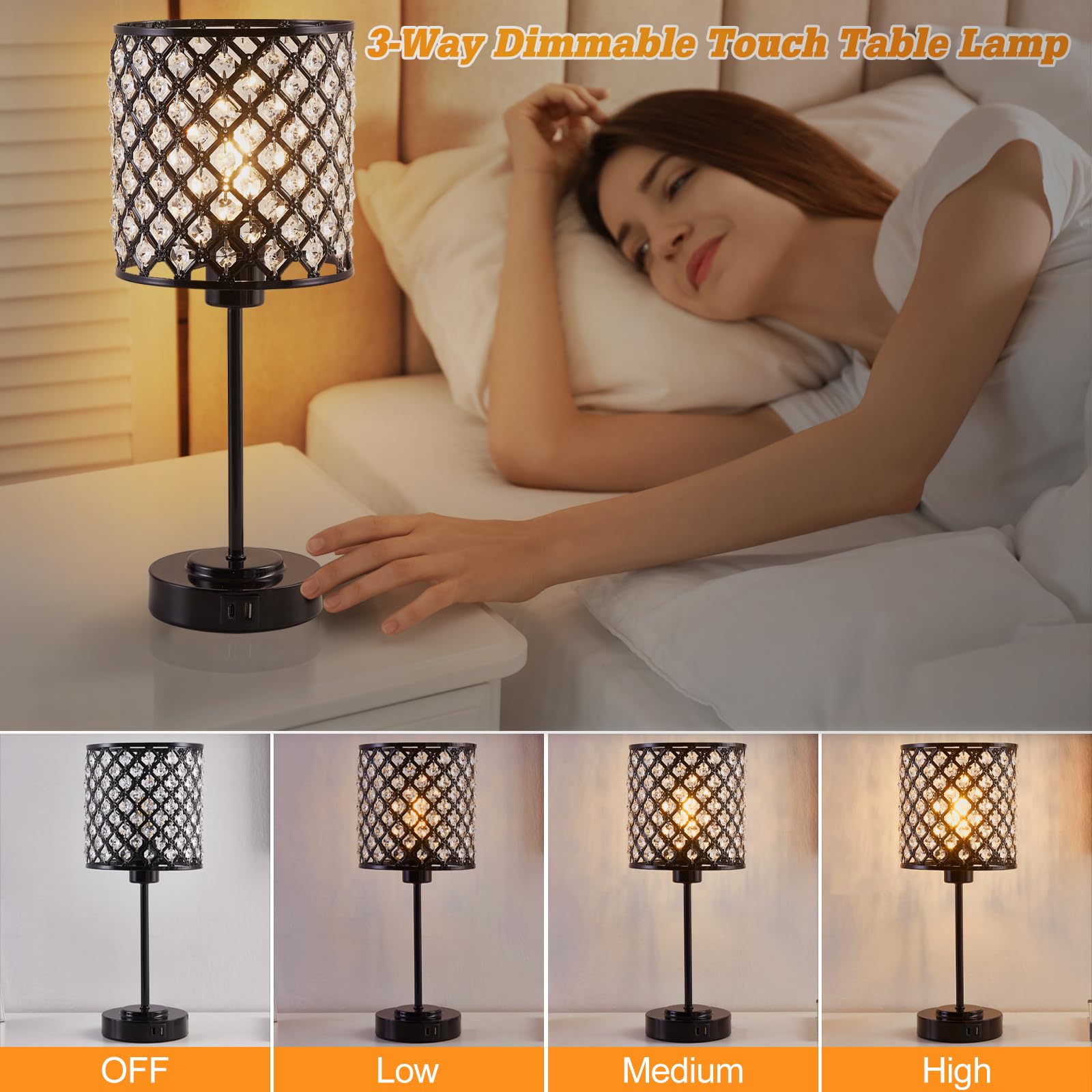 RAYINIGHT Touch Control Crystal Table Lamp Set of 2 with USB Ports, 3-Way Dimmable, Black