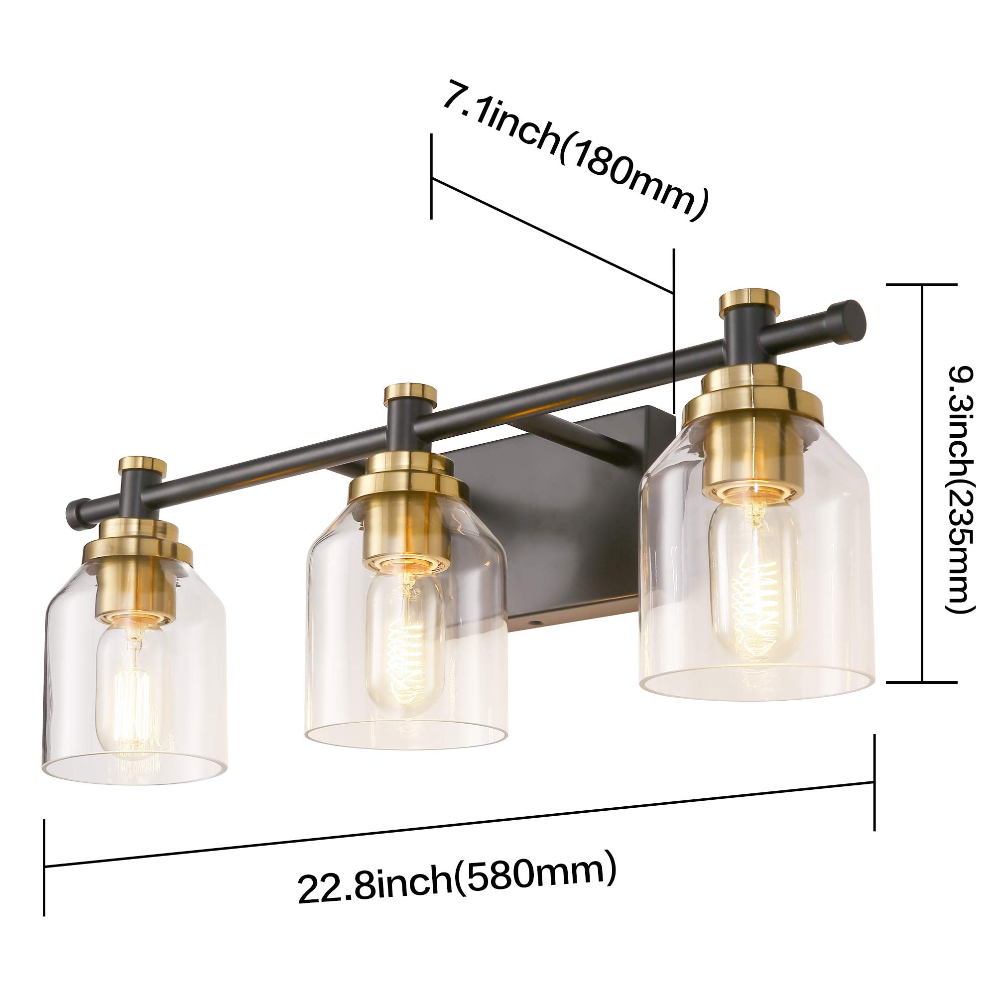 SOLFART Vintage Bathroom Vanity Light - 3-Light Globe Fixture, Glass Shade, Black and Brass, Model 7900