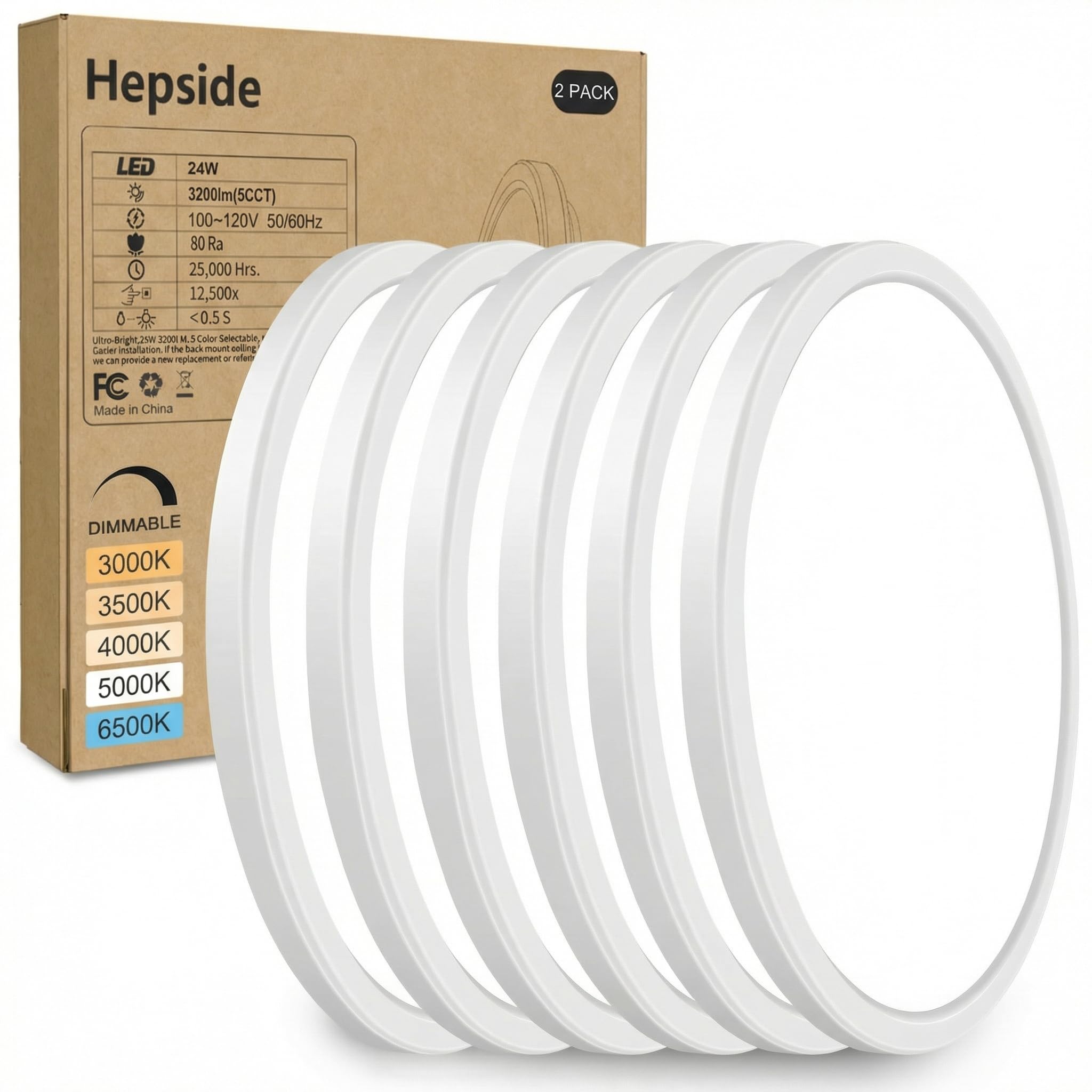 hepside 6Pack 12Inch LED Flush Mount Ceiling Light  Super Slim 24W LED Ceiling Light  Dimmable&3000K/3500K/4000K/5000K/6500K Adjustable Flat Ceiling Light Fixture for Bedroom Living Room Kitchen-White