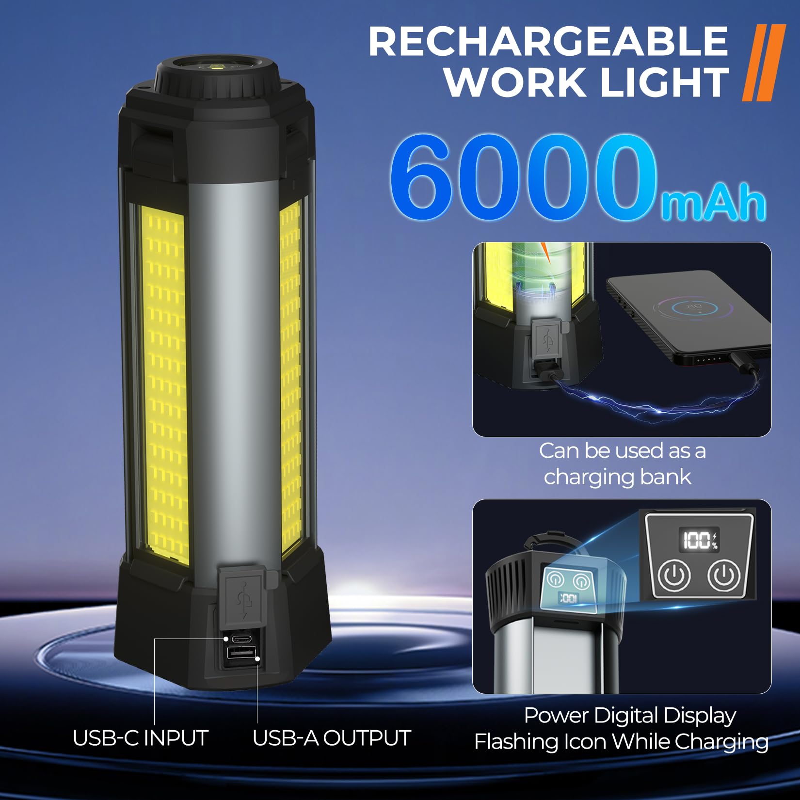 Geisofu Rechargeable Camping Light, 2000 Lumen LED Work Light with Telescopic Stand & 6AH Battery, Portable with Carrying Bag