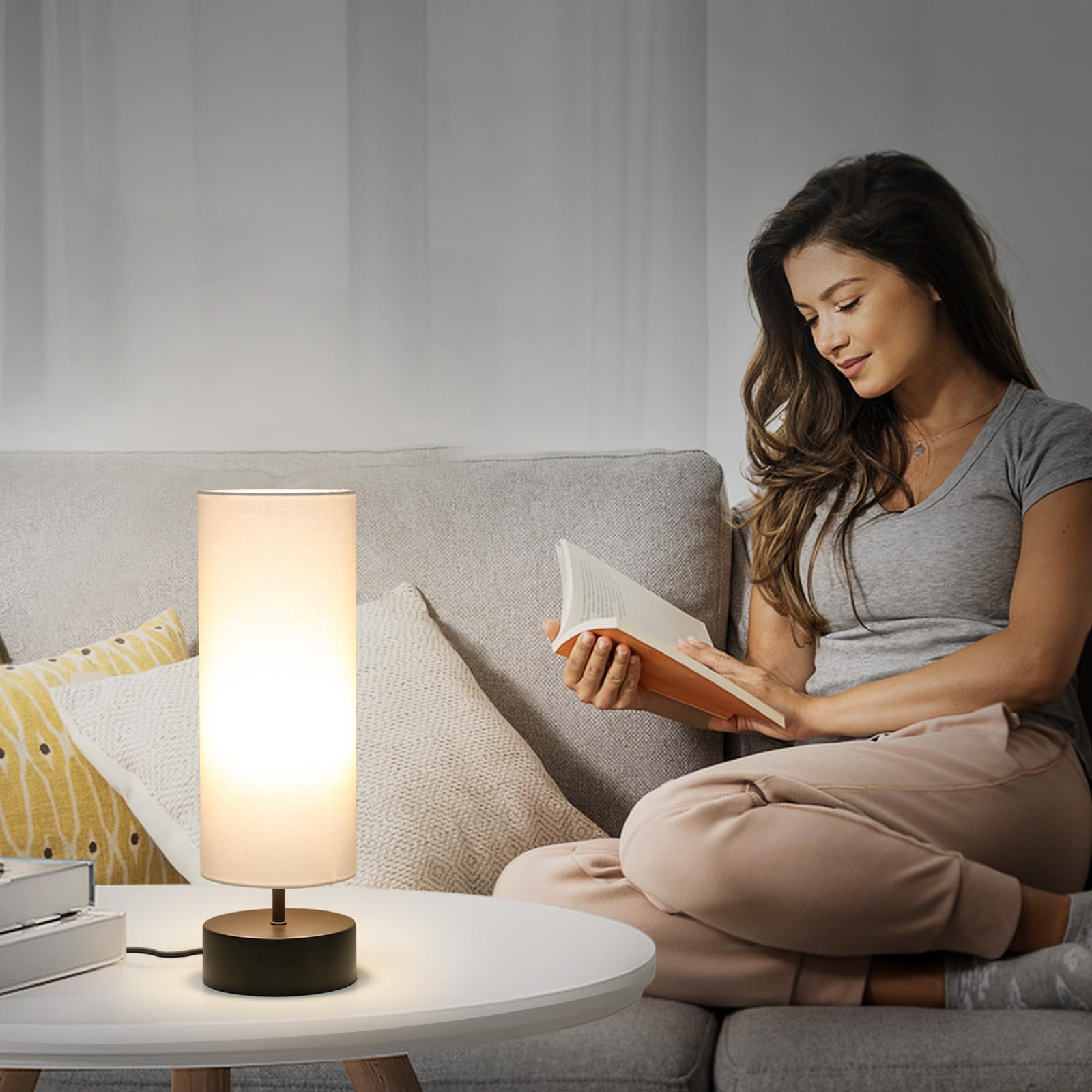 3 Way Dimmable Touch Control Table Lamp, Bedside Table Lamp With Dark Brown Base, Modern Nightstand Lamp With Beige Shade, Simpl