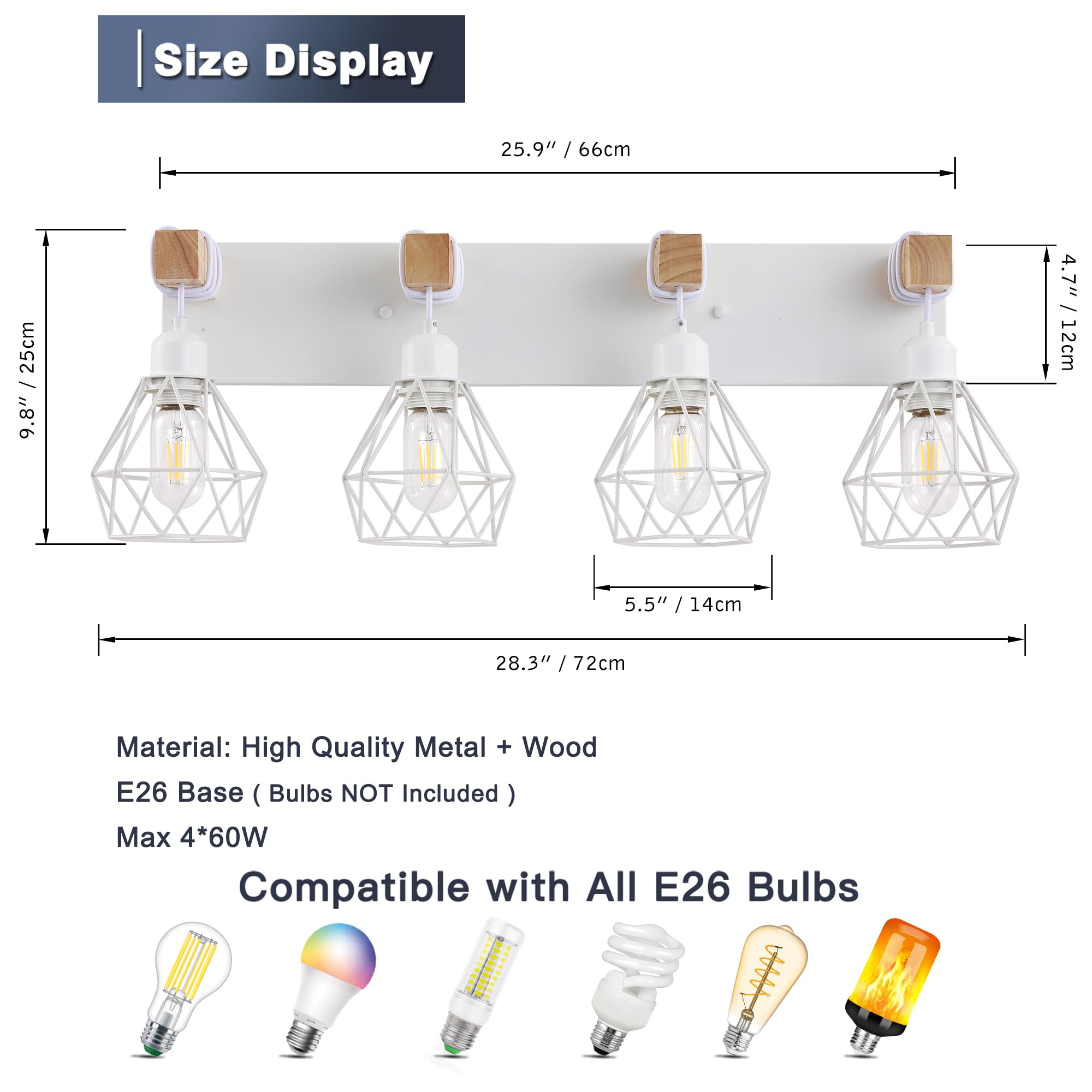 maesta Farmhouse Bathroom Vanity Light Fixtures, 4-Light Metal Sconces, White, Model MA021-4