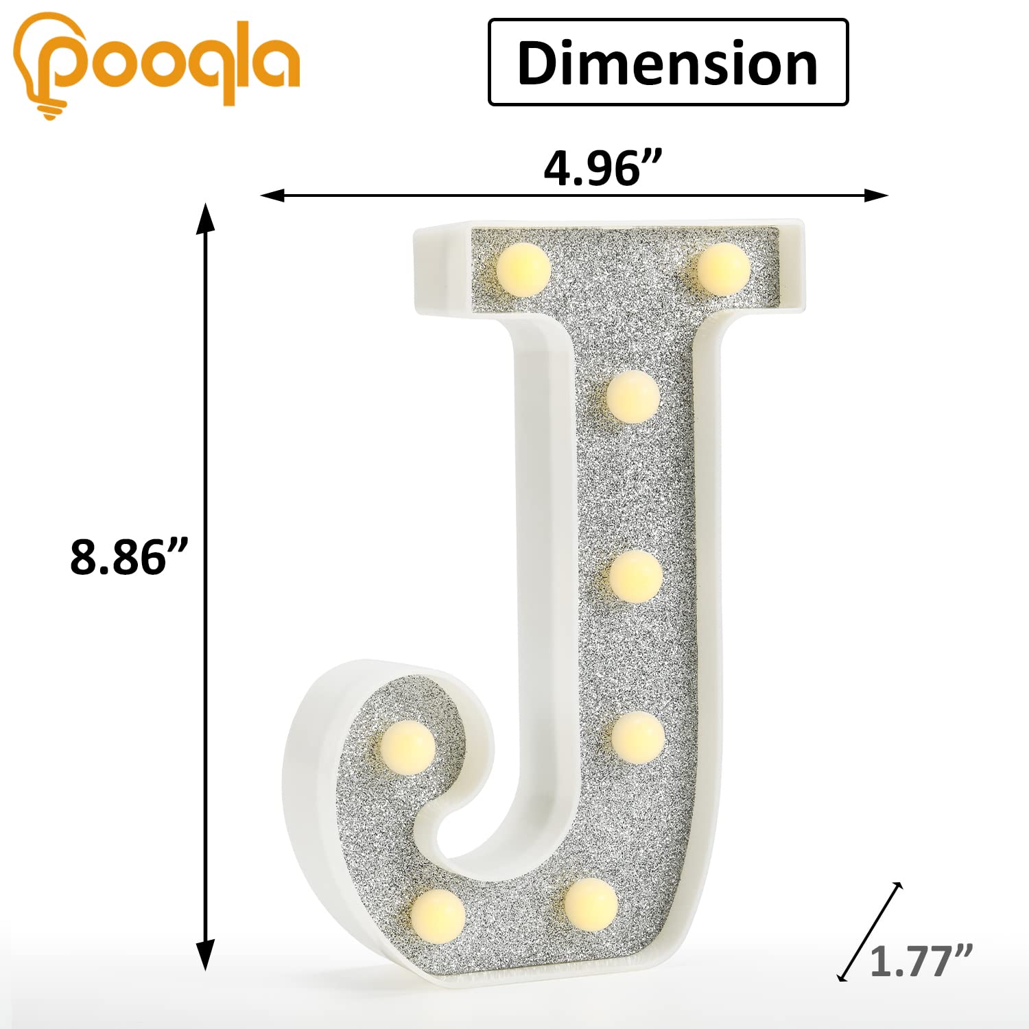 Pooqla LED Marquee Letter Light Sign, Glitter Silver J, 18 Colors, Battery Powered, Plastic for Party, Wedding, Home, Christmas Decor