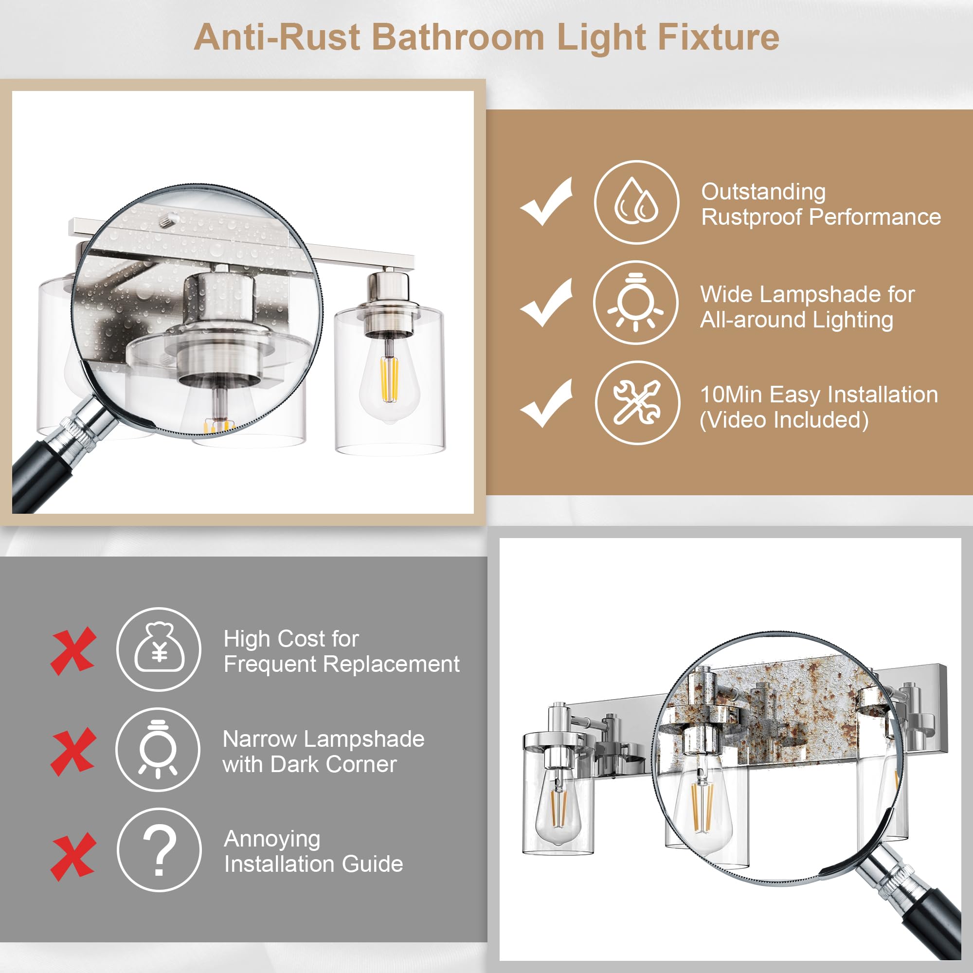 Dekang 3-Light Bathroom Vanity Light, Brushed Nickel Wall Sconce With Clear Glass Shades