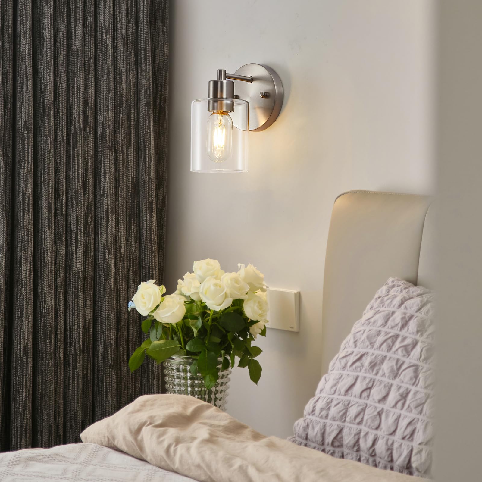 Wall Sconces For Bathroom  Brushed Nickel Vanity Light Fixtures  Modern Wall Mount Lighting Lanterns  Farmhouse Wall Lamps With Clear Glass Shade For Bedroom Living Room Mirror Hallway Porch(2Pack)
