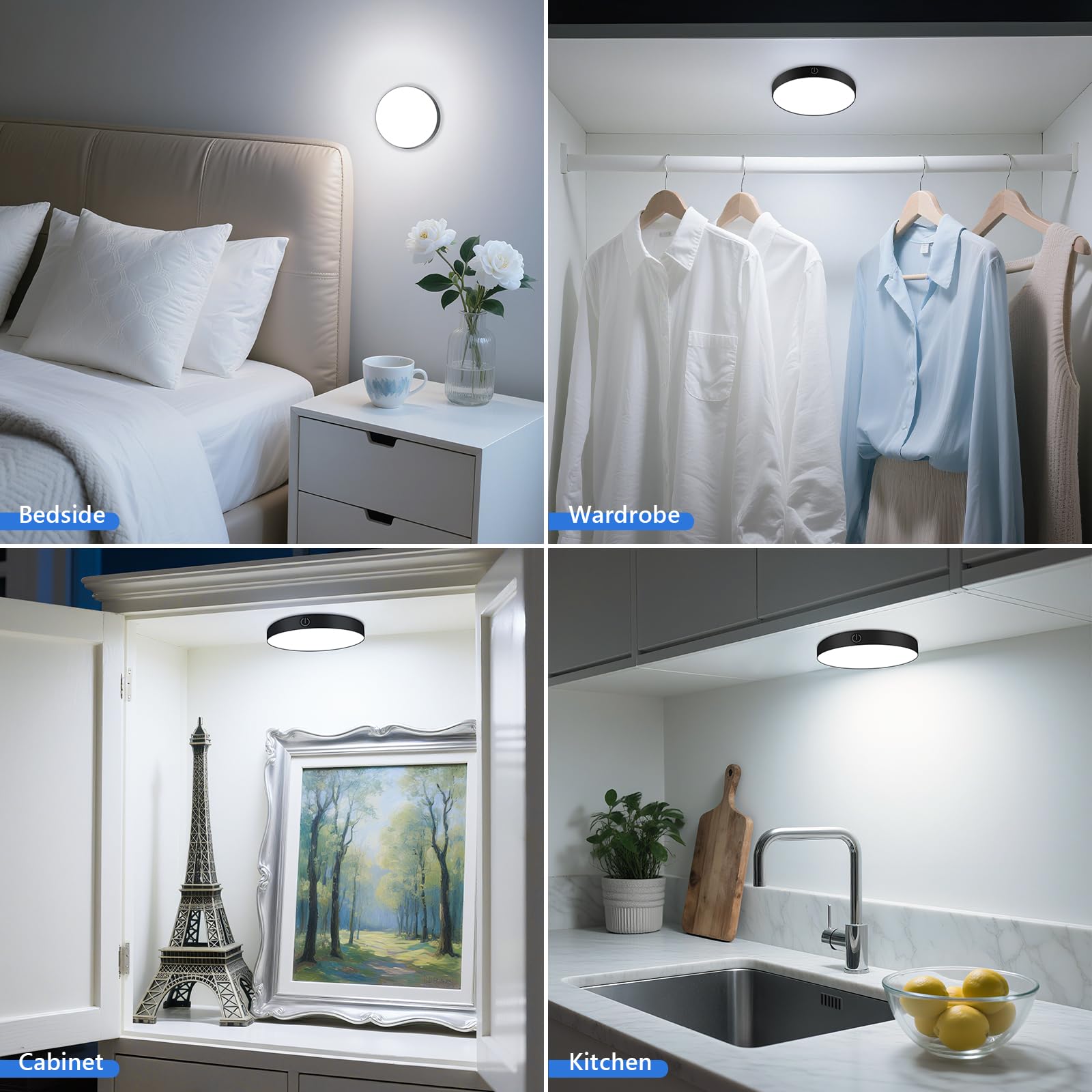 Ferswe Rechargeable Tap Light, Dimmable Touch Light, 6000K, Metal, Black, Model F-US006, 2 Pack