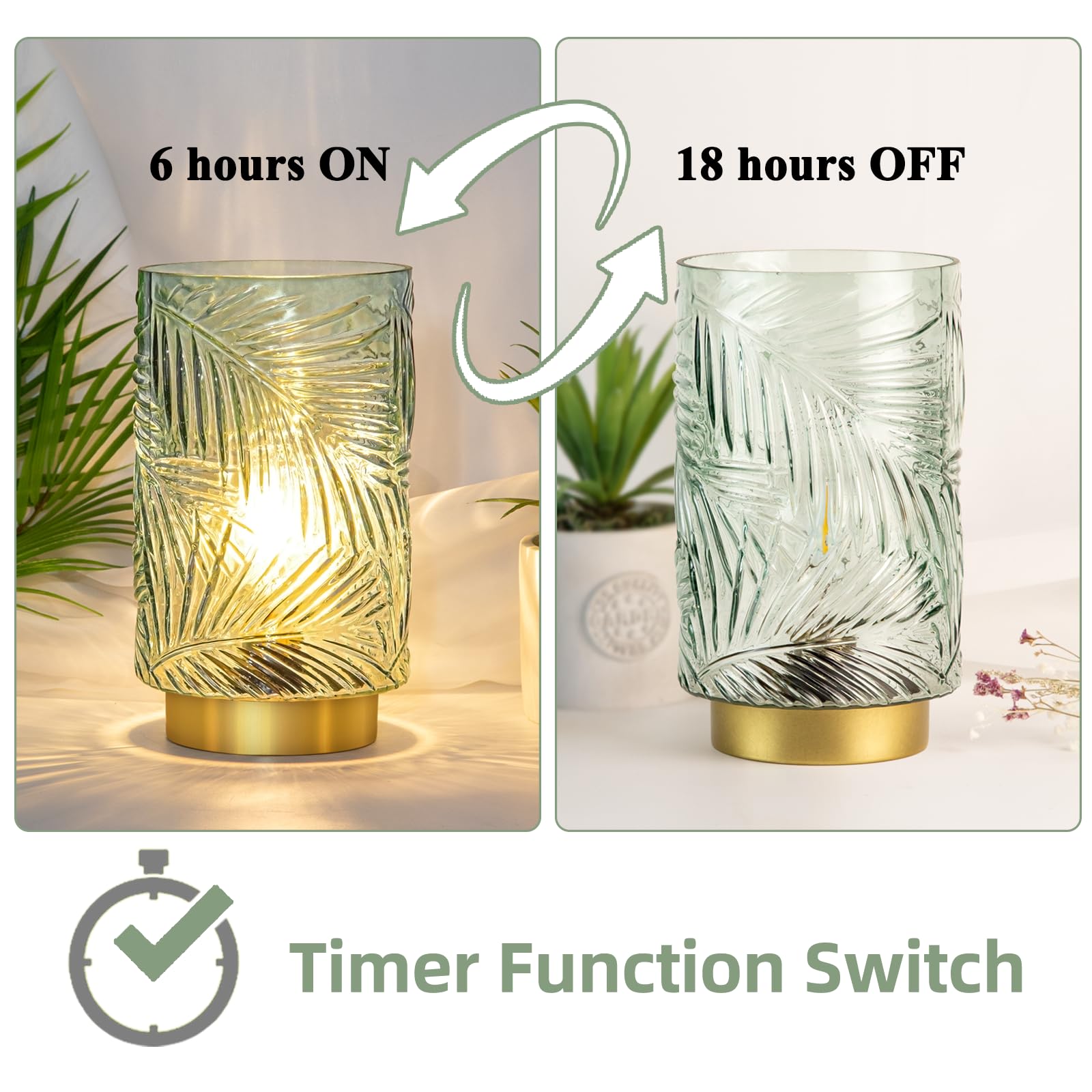 MJ PREMIER Battery Operated Table Lamp - Light Green, Small with Timer, Glass Decorative Nightlight for Home Decor