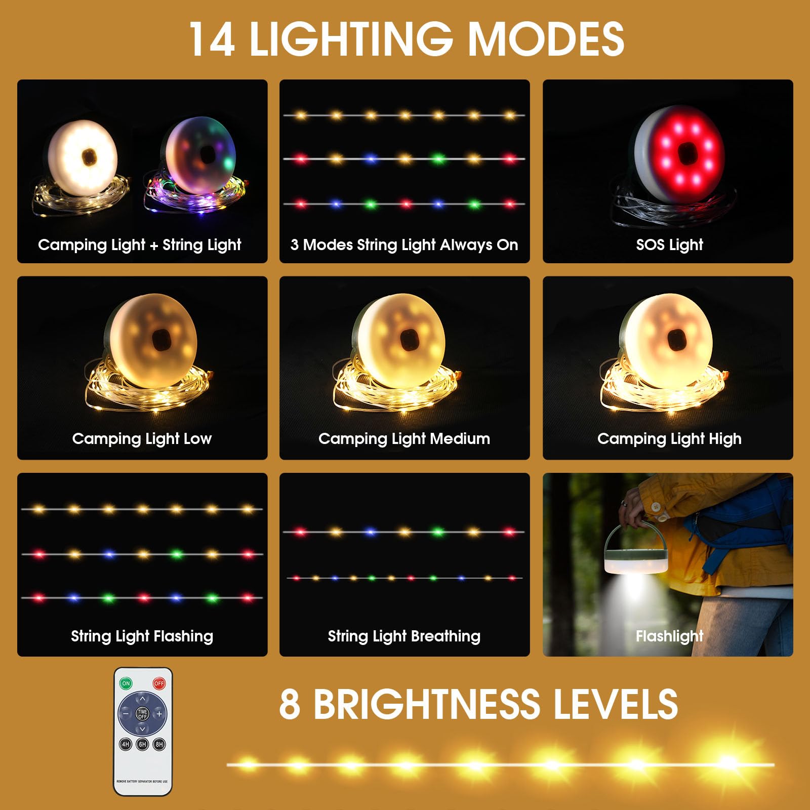 MDCMLKS Camping String Lights, Remote Control, 14 Lighting Modes, USB Charging, 32.8ft Waterproof, Model CSL-2, 1 Pack