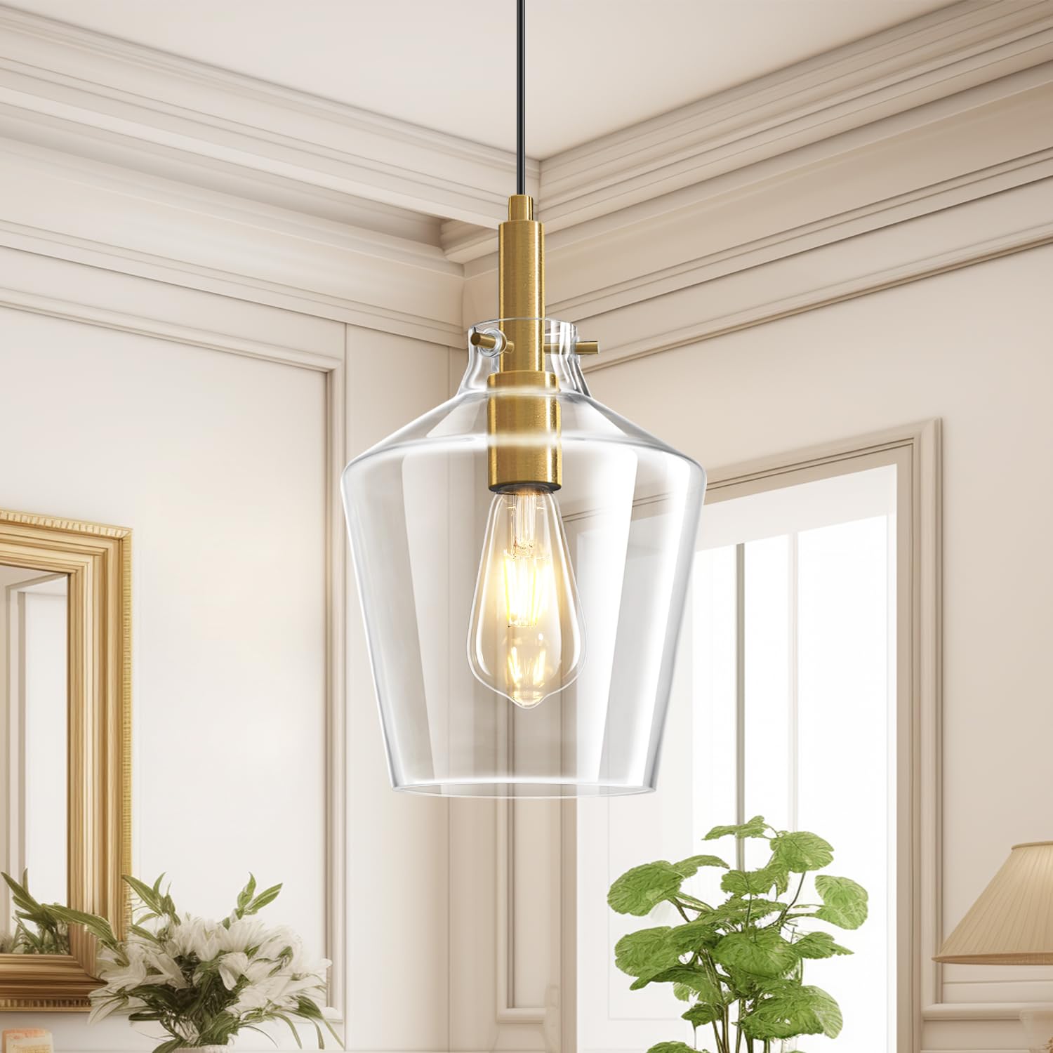 Vaziden Modern Glass Pendant Lighting For Kitchen Island  Farmhouse Gold Pendant Light Fixtures 1 Pack  Adjustable Hanging Ceiling Light Angled Clear Glass Shades 8 Inch
