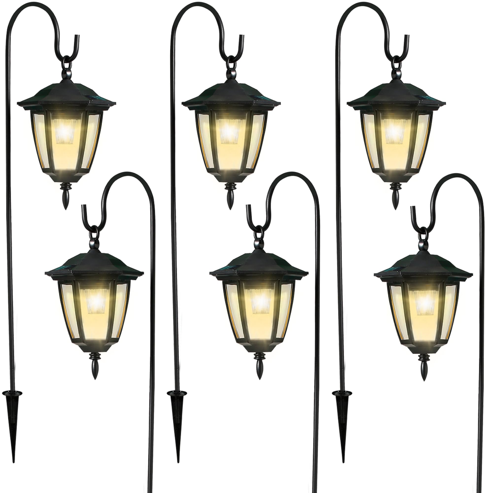 Dynaming 6 Pack Solar Hanging Lights Outdoor, Solar Powered Garden Decorative Lanterns with 6 x 38 Inch Shepherd Hooks, Waterpro