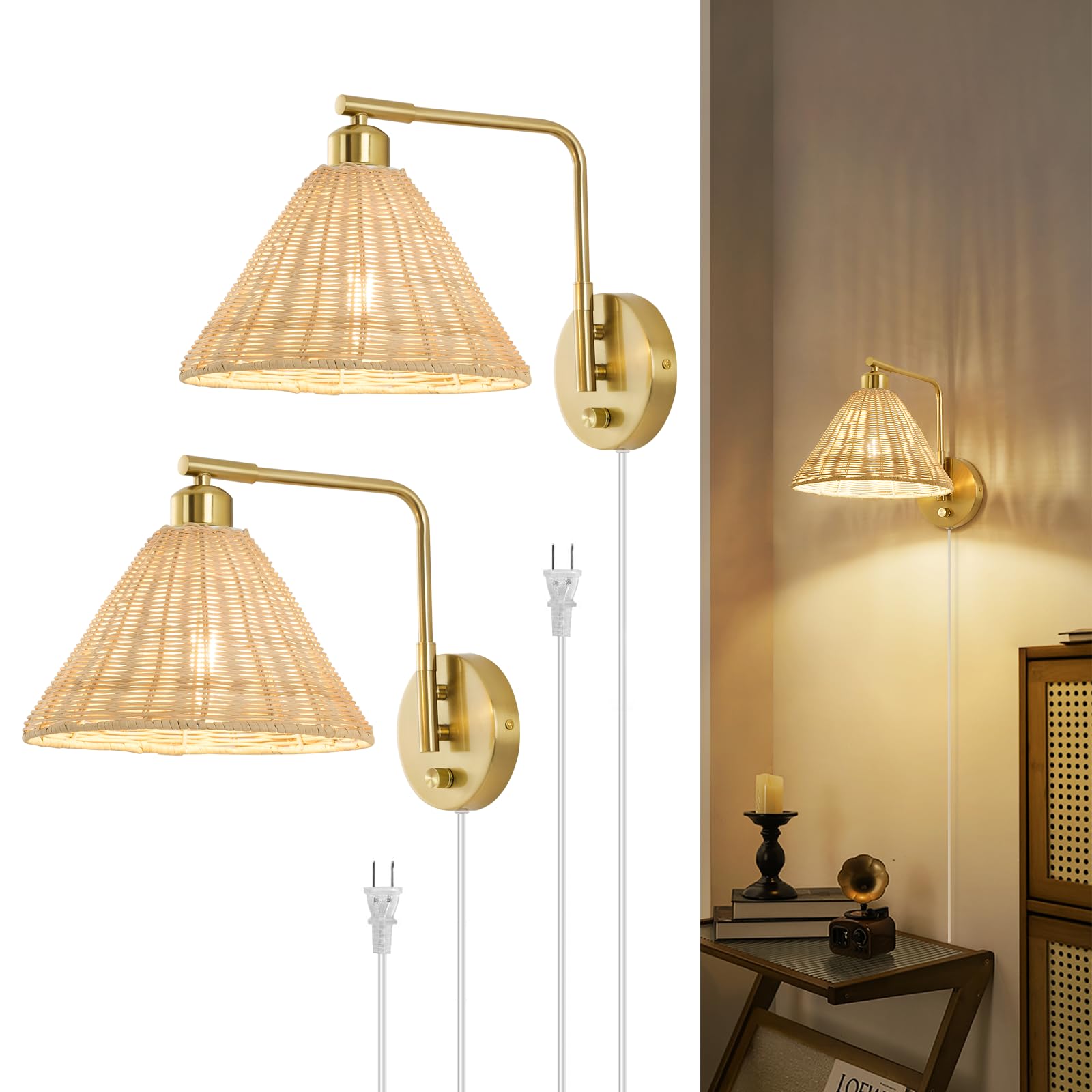 Weaboopre Rattan Plug In Wall Sconce Set Of 2  Gold Wall Lamps With Plug In Cord And Dimmer  Hand Woven Boho Sconces Swing Arm Wall Mount Light Fixture Beside Lighting For Bedroom  Living Room