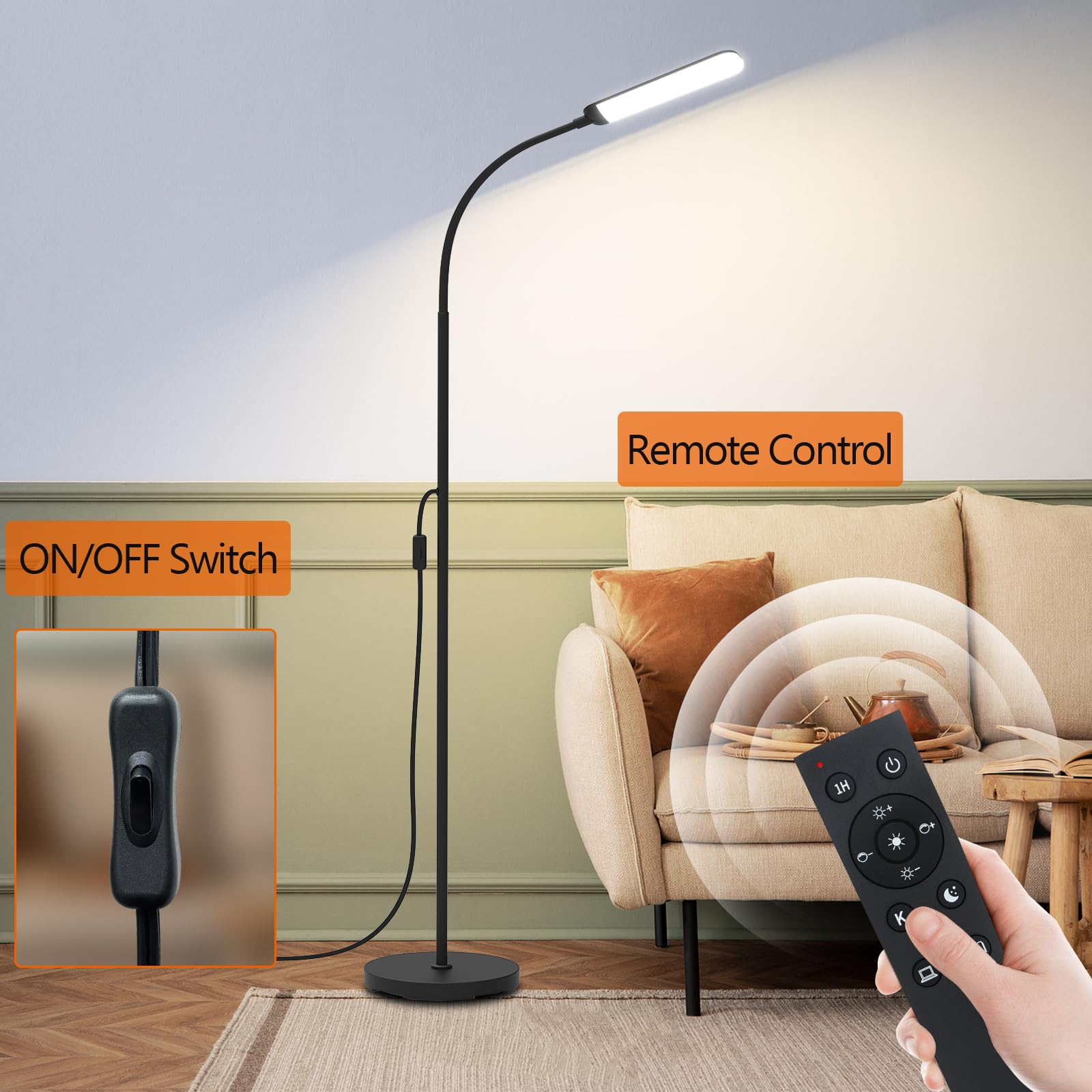 Mixinlei Led Floor Lamp, 18W 1800Lm Super Bright Dimmable Floor Lamps For Living Room Bedroom With Timer, Stepless Adjustable 27