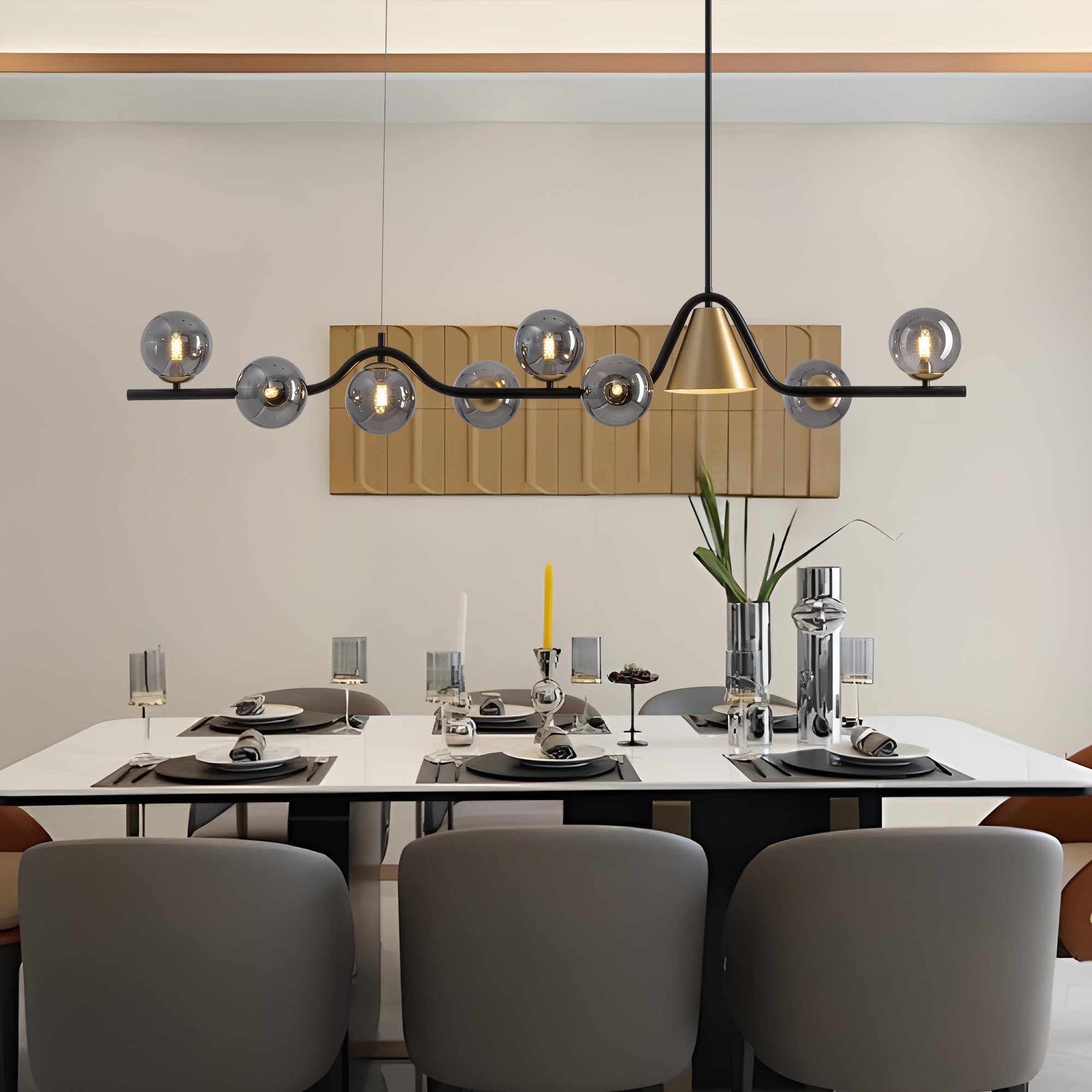 7PMBEANE L55 in Mid Century Modern Chandelier, Black and Gold Globe Sputnik Glass Chandeliers Light Fixture,Rectangular Chandeli