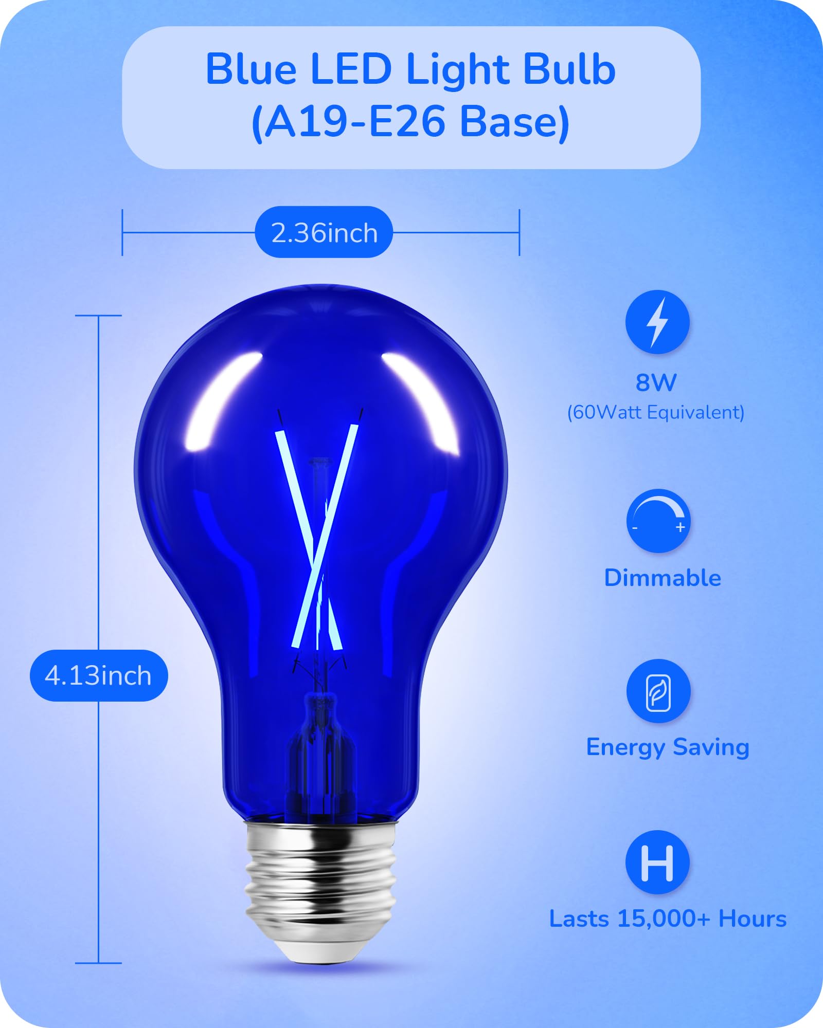 Edishine Dimmable Blue Led Light Bulb, 8W A19, Ul Listed, 4-Pack For Christmas & Party