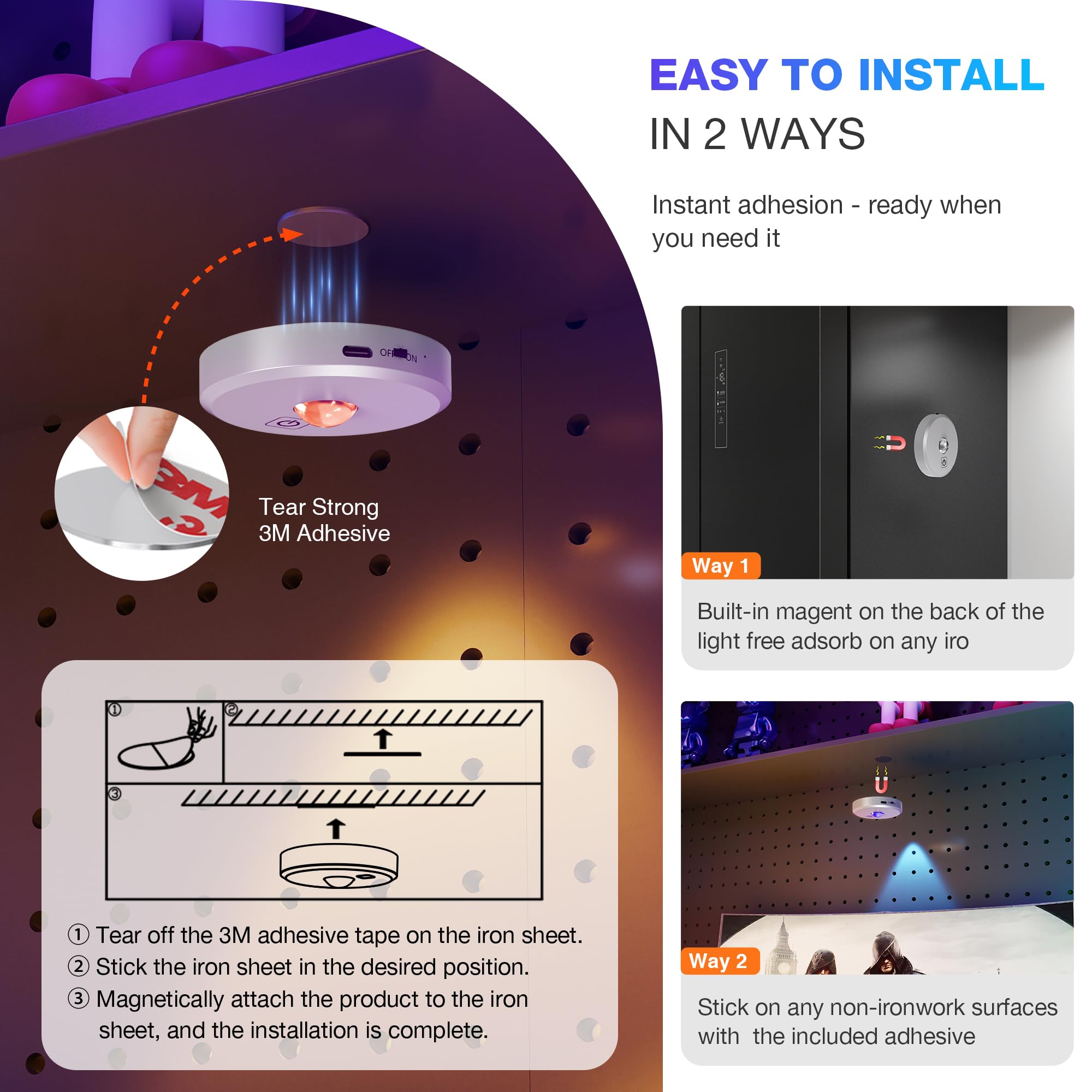 MICLIONLED RGB Puck Lights, 5 Pack, Remote Control, 2000mAh Battery, Rechargeable, Magnetic, Silver