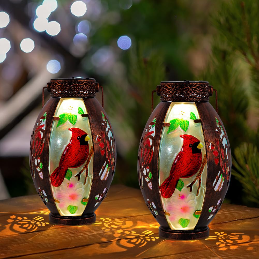 Starsoul 2 PC Cardinal Outdoor Solar Lantern Cardinal Solar Light Waterproof Tabletop Lamp with Hollowed-Out Design for Yard Pat