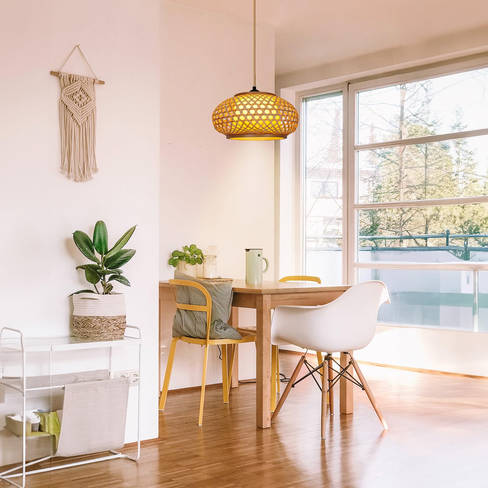 Yiizon Pendant Light Rattan Hanging Lights With Up/Downlight Led Spotlight Bamboo Hanging Lamp, Handmade Woven Boho Wicker Basket Lamp Shade Ceiling Light Fixture For Living Room Bedroom Kitchen