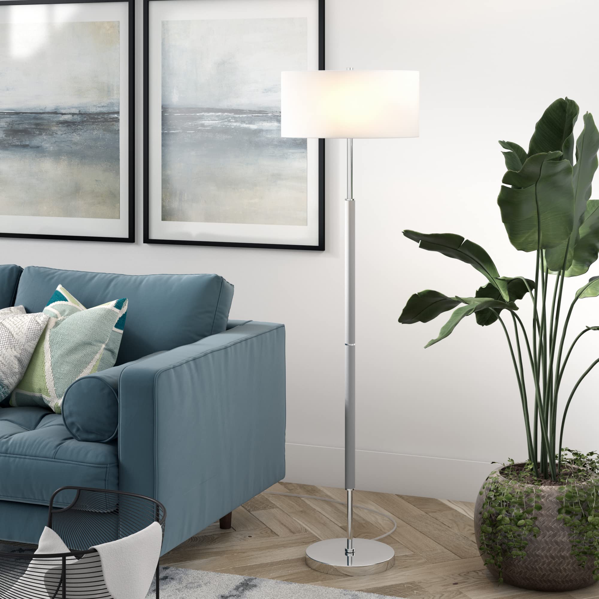 Henn&Hart 2-Light Floor Lamp, 61" Tall, Metal, Cool Gray/Polished Nickel Shade, Model FL0527, Ideal for Home Office, Bedroom, Living Room