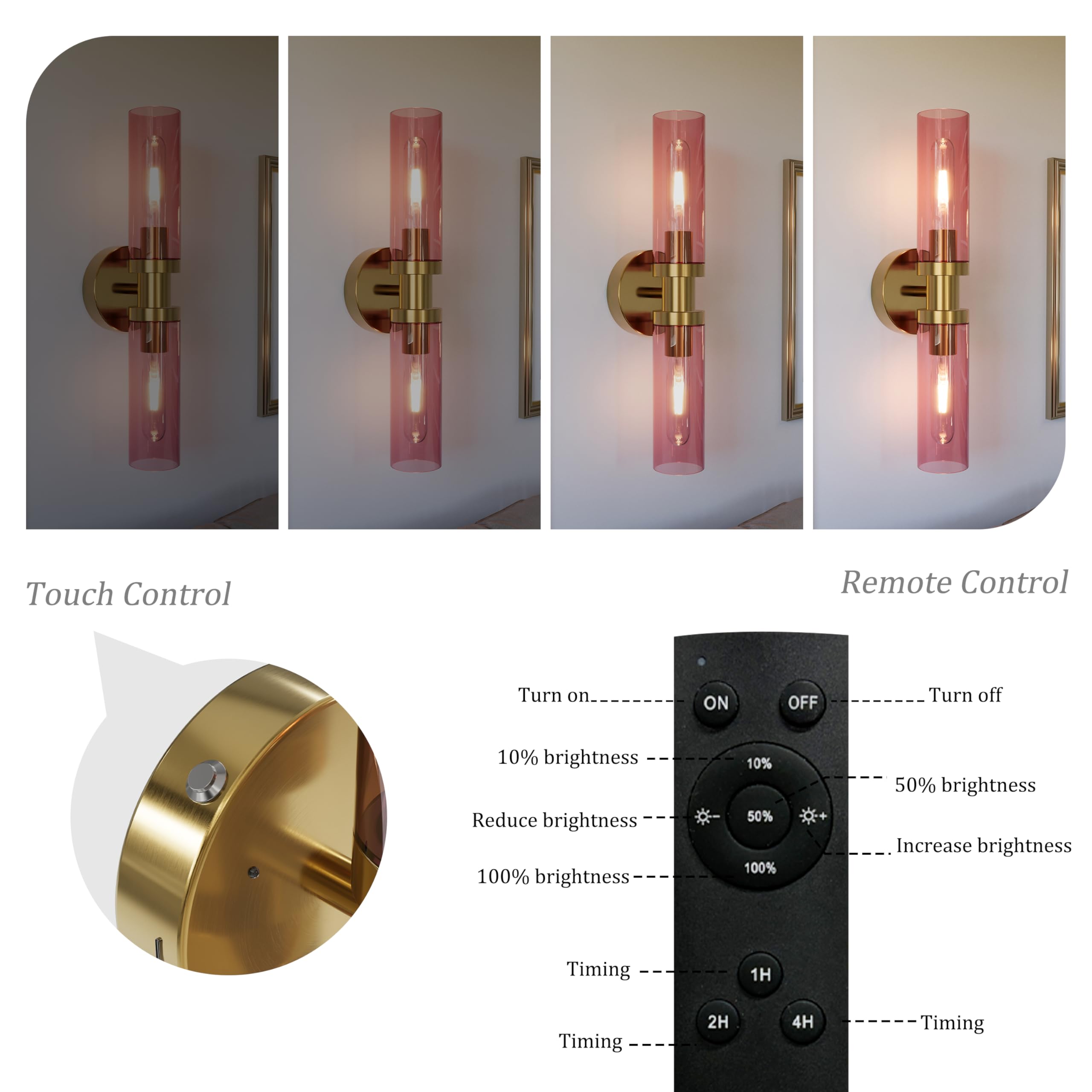 Rayogale Rechargeable Battery Wall Sconce Set of Two, 10000mAh, Dimmable, USB-C, Gold & Wine Red Shade, Model WL-7116-GD-RL