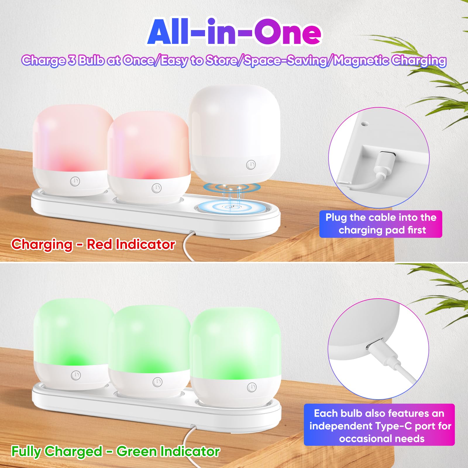Yochoice Rechargeable LED Light Bulb Set - 3 Pack, Wireless, Dimmable, 15 Colors, Magnetic Charging Station, Remote Control, White