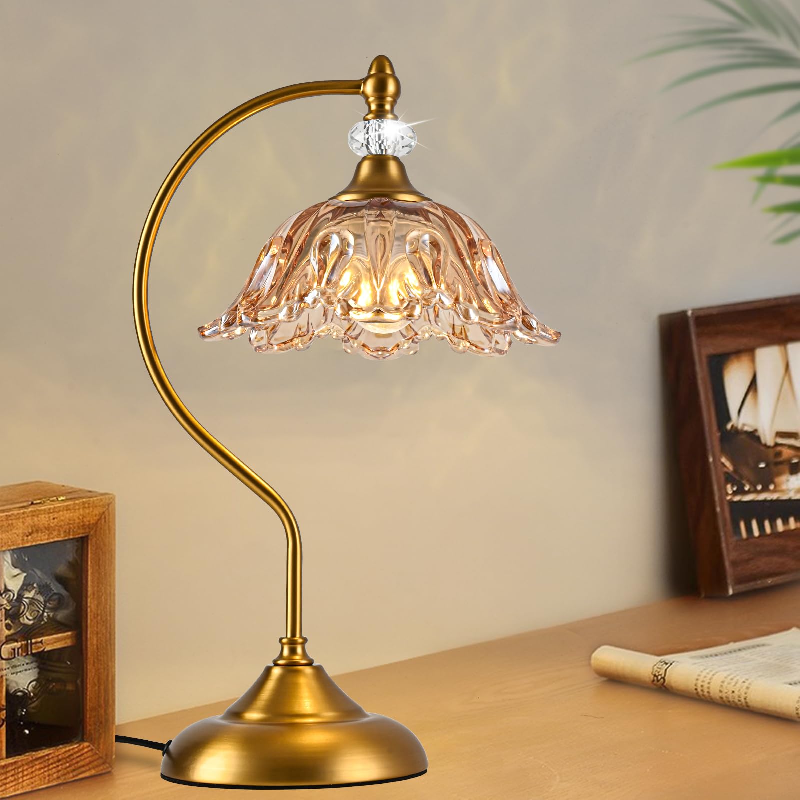 sunkryster Vintage Table Lamp with a Floral Amber Glass Shade  A Plug-in Nightstand Lamp in Matte Brass Finish for Bedroom  Living Room Office  and Desk
