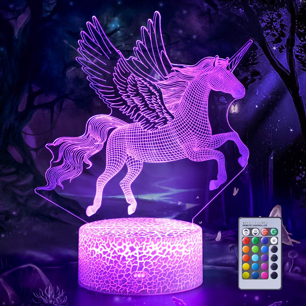 Hoofun 3D Illusion Lamp Unicorn, Remote Control, 16 Colors, Model WT-UR-18-M3, Flying Unicorn-1, Acrylic Night Light for Kids