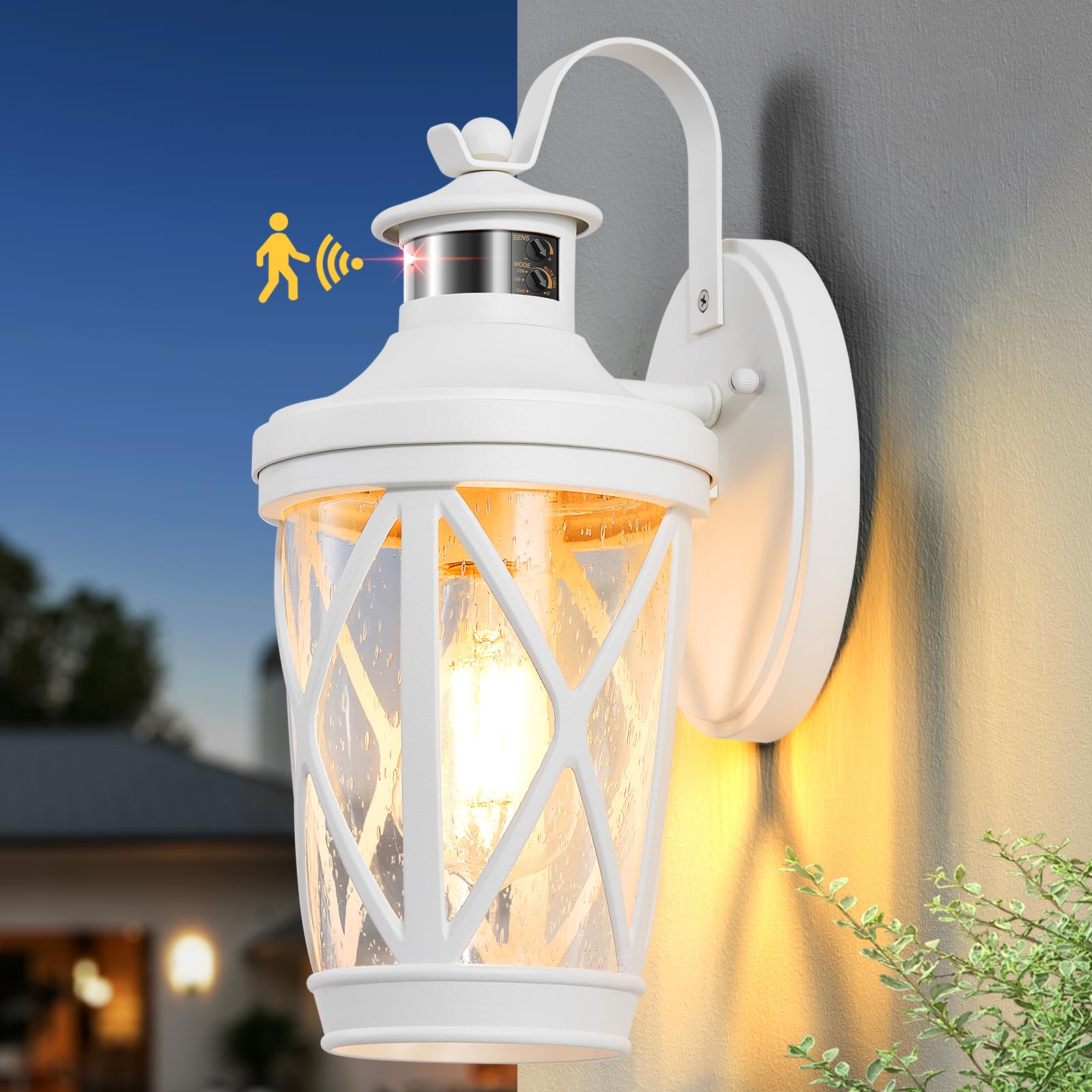 VIANIS Motion Sensor Outdoor Wall Light Fixtures  White Modern Front Porch Lights Wall Mount  Waterproof Anti-Rust Outdoor Lanterns Wall Sconce with Seeded Glass  Exterior Coach Light for Garage Patio