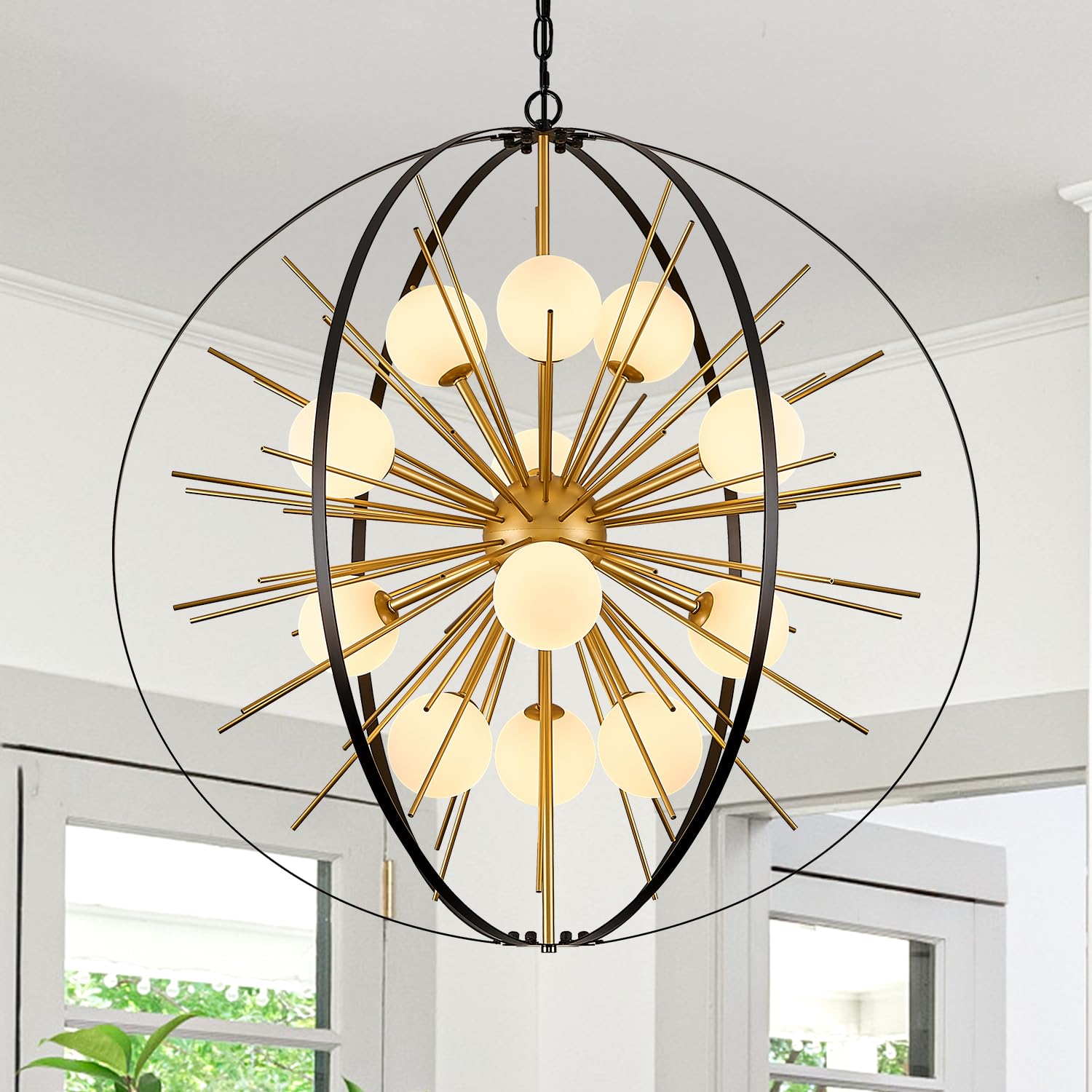 Poemoon 12 Lights Large Black Gold Modern Sputnik Chandelier 31 Mid Century Hanging Ceiling Firework Globe Pendant Light Fixtures with Milk Class Lampshades for Dining Living Room Foyer Stairway