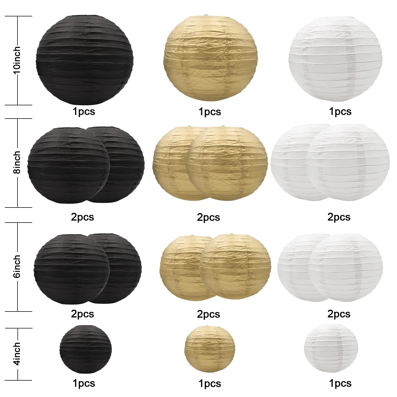 Hossom Round Chinese Paper Lanterns 18pcs, Decorative Hanging Lanterns, Assorted Sizes, Black/Gold/White, Model HM-18HBJDL-US