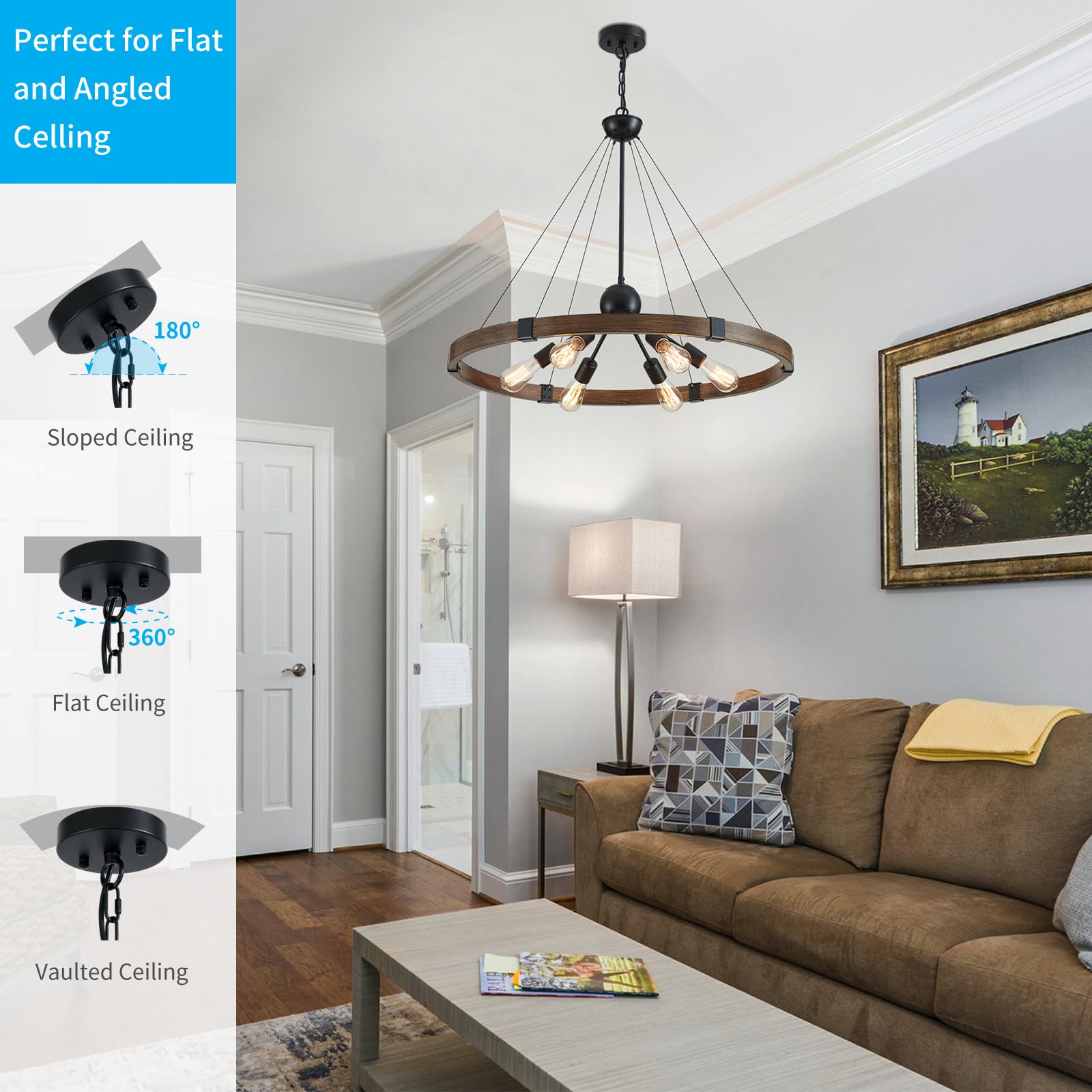 Xingqi 31.5" Wagon Wheel Chandeliers Large Modern Farmhouse Light Fixture, Black & Wood Grain Finish 6-Light For Dining Room Living Room Office