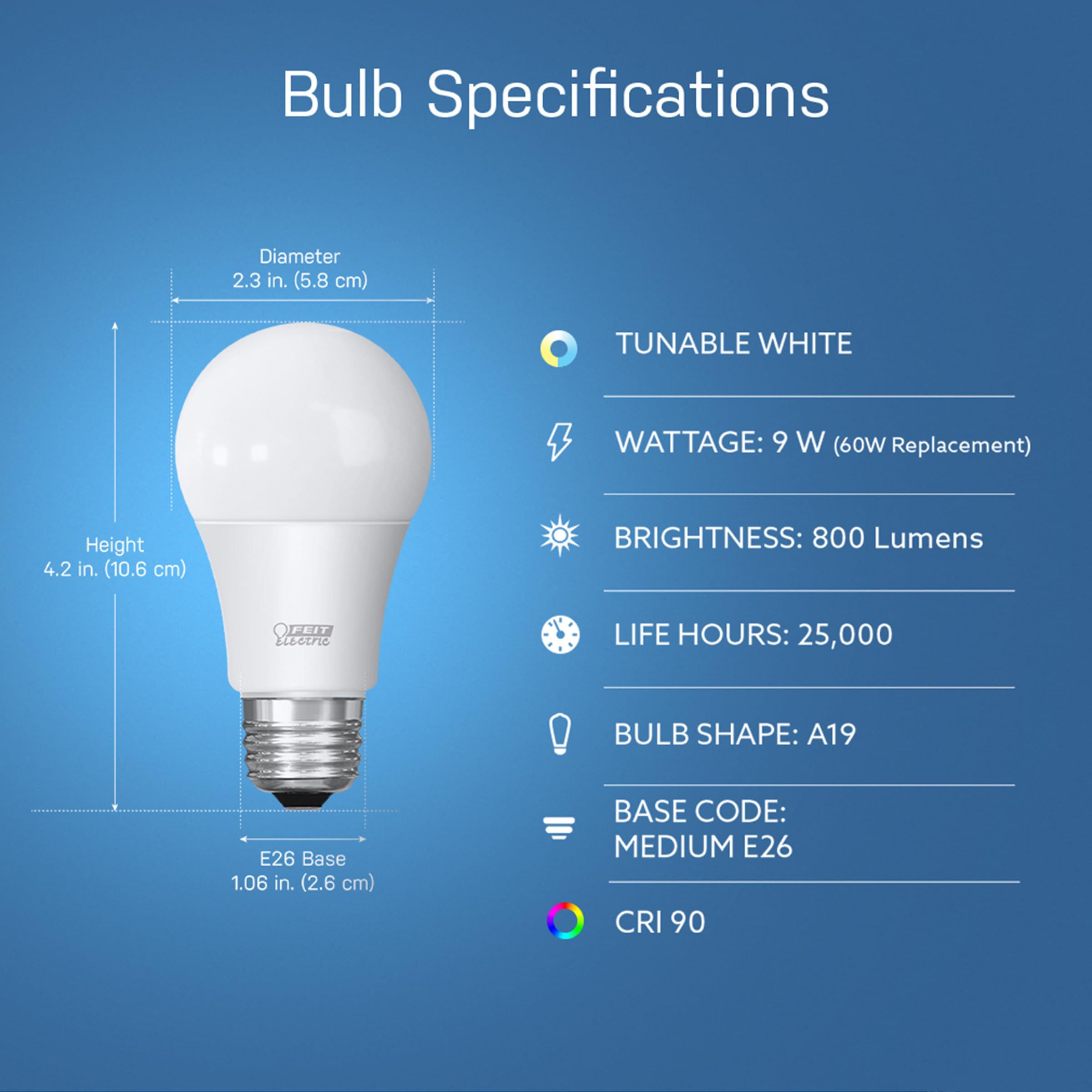 Feit Electric A19 Smart Led Light Bulb, 60W Equivalent, Tunable White, Alexa & Google Home Compatible, 2.4 Ghz Wi-Fi, 90+ Cri, N