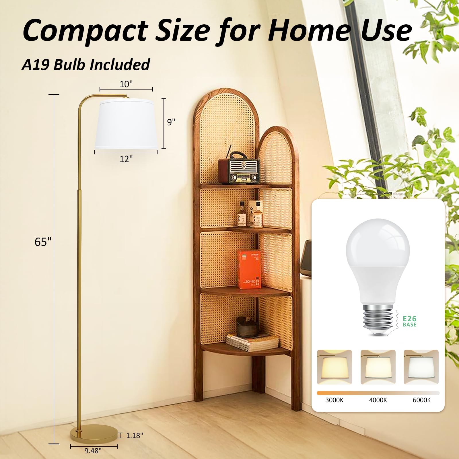 AKASUKI Floor Lamp with 3 Color Temperatures, 9W LED Bulb, Gold Base, White Shade, Model LT-1125