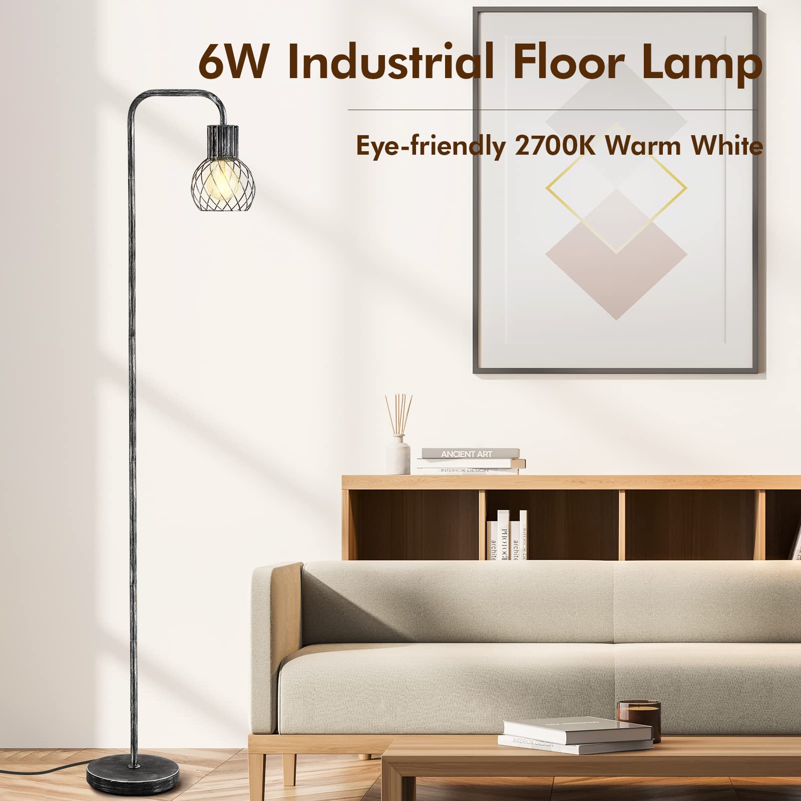 Industrial Floor Lamp, Antique Silver Standing Lamp Modern With 6W Led Bulb, Foot Switch, Metal Tall Lamps For Living Room, Bedr