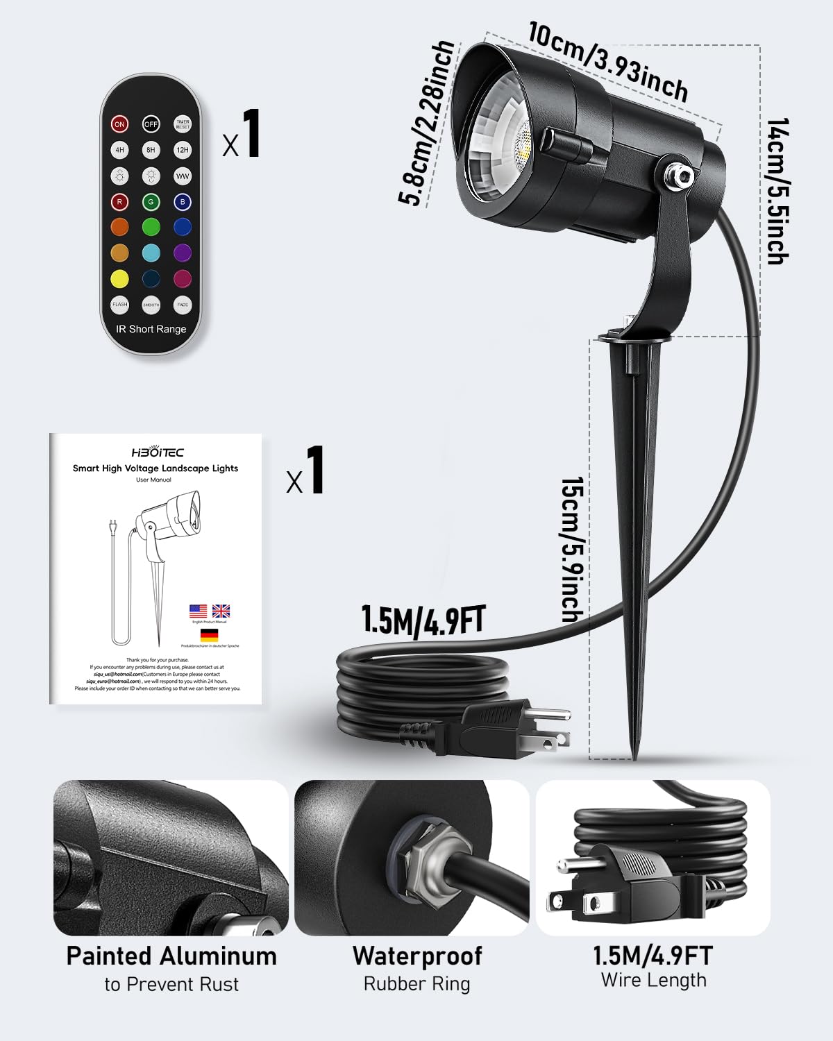HIBOITEC 12W Outdoor Christmas Spotlight - Waterproof, Dimmable LED Light, Remote Plug Timer, Multicolor, 1 Pack, Model DCD-1002
