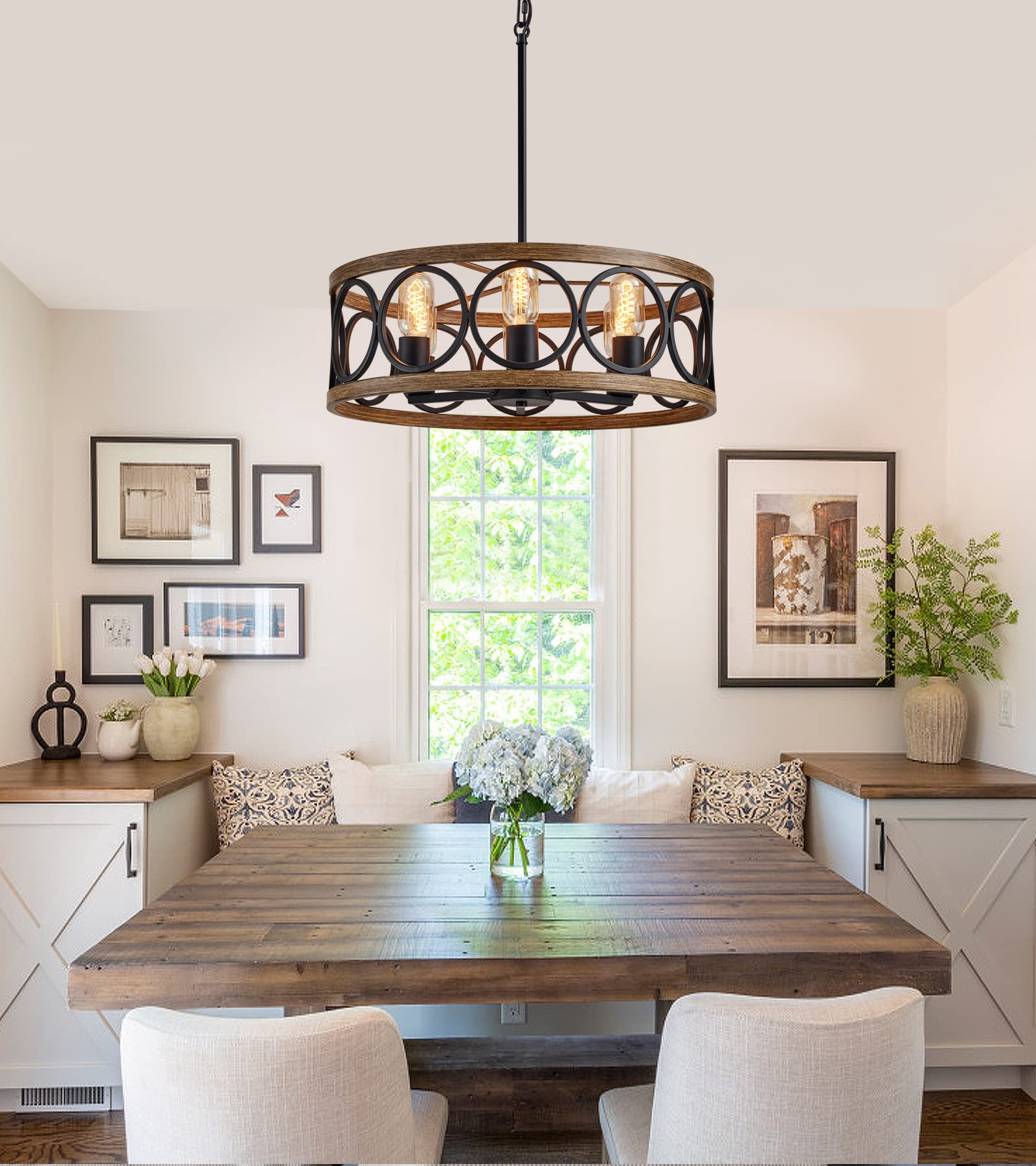 MEIXISUE Modern Farmhouse Drum Chandelier, 6-Lights, Retro Wood Finish, Antique Metal, Model MX-P2139-6B for Kitchen, Dining, Living Room