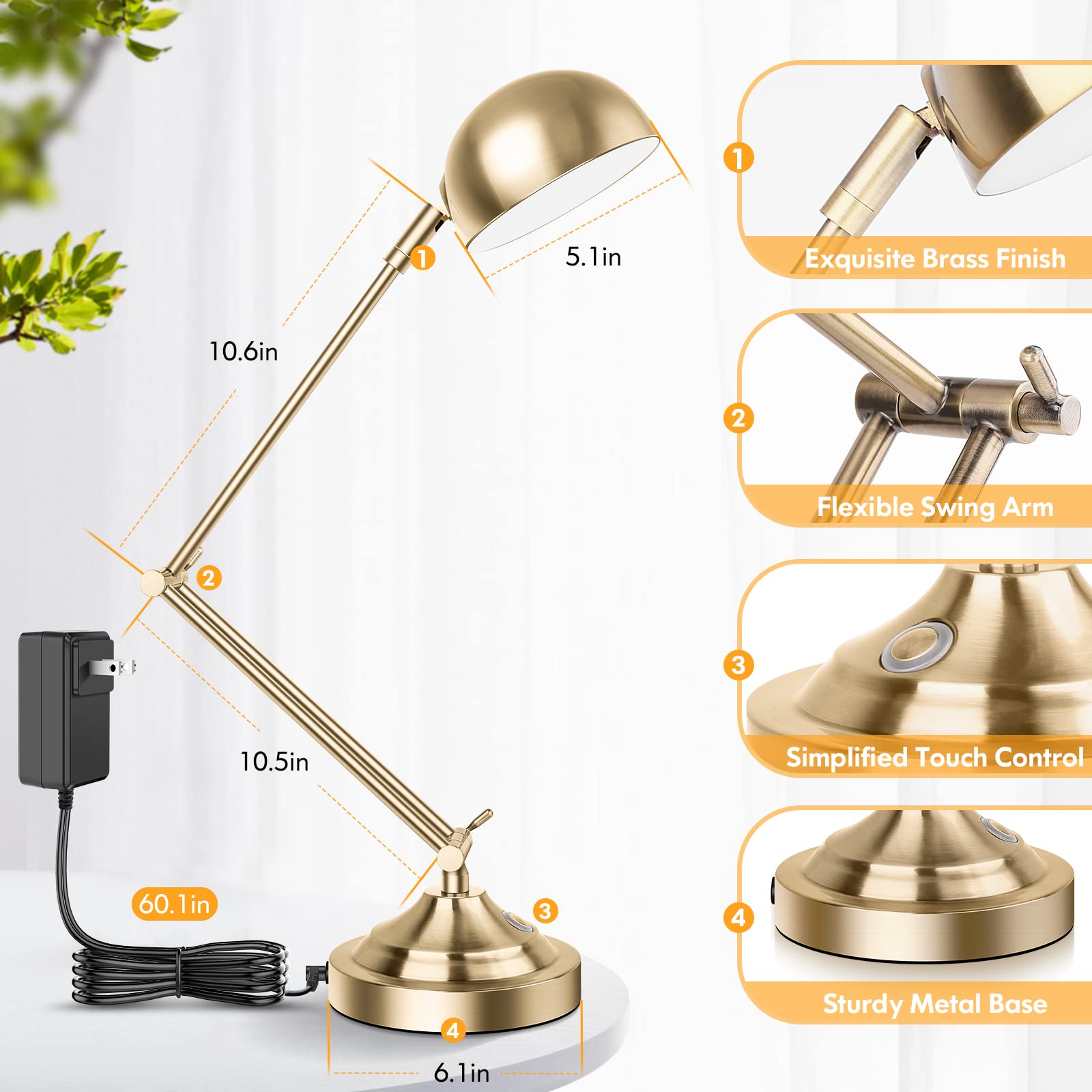 Tobusa Gold Dimmable Desk Lamp With Usb Port, Touch Control, 3 Color Modes, Brass Retro Style