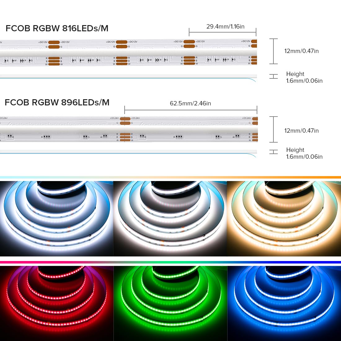 Sezo Rgbw Cob Led Strip Light, 9.84Ft, 24V, 896 Leds/M, Vinyl, Multicolor, Warm White 3000K, Model M1Fob