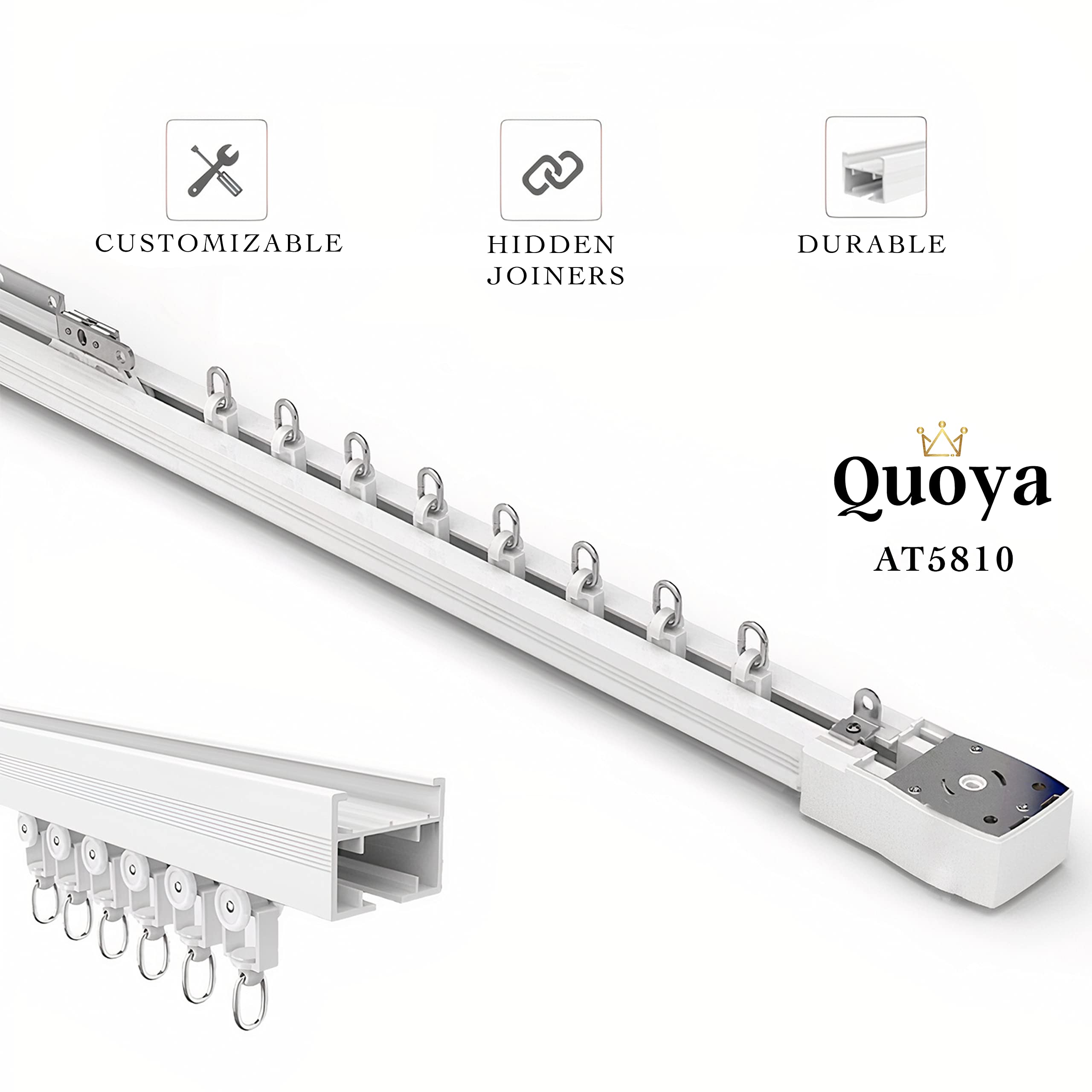 Quoya Smart Electric Curtain Track AT5810?Up to 3m(118in) - Motorised and Adjustable ?, with Automated Rail Motor with App, Voic