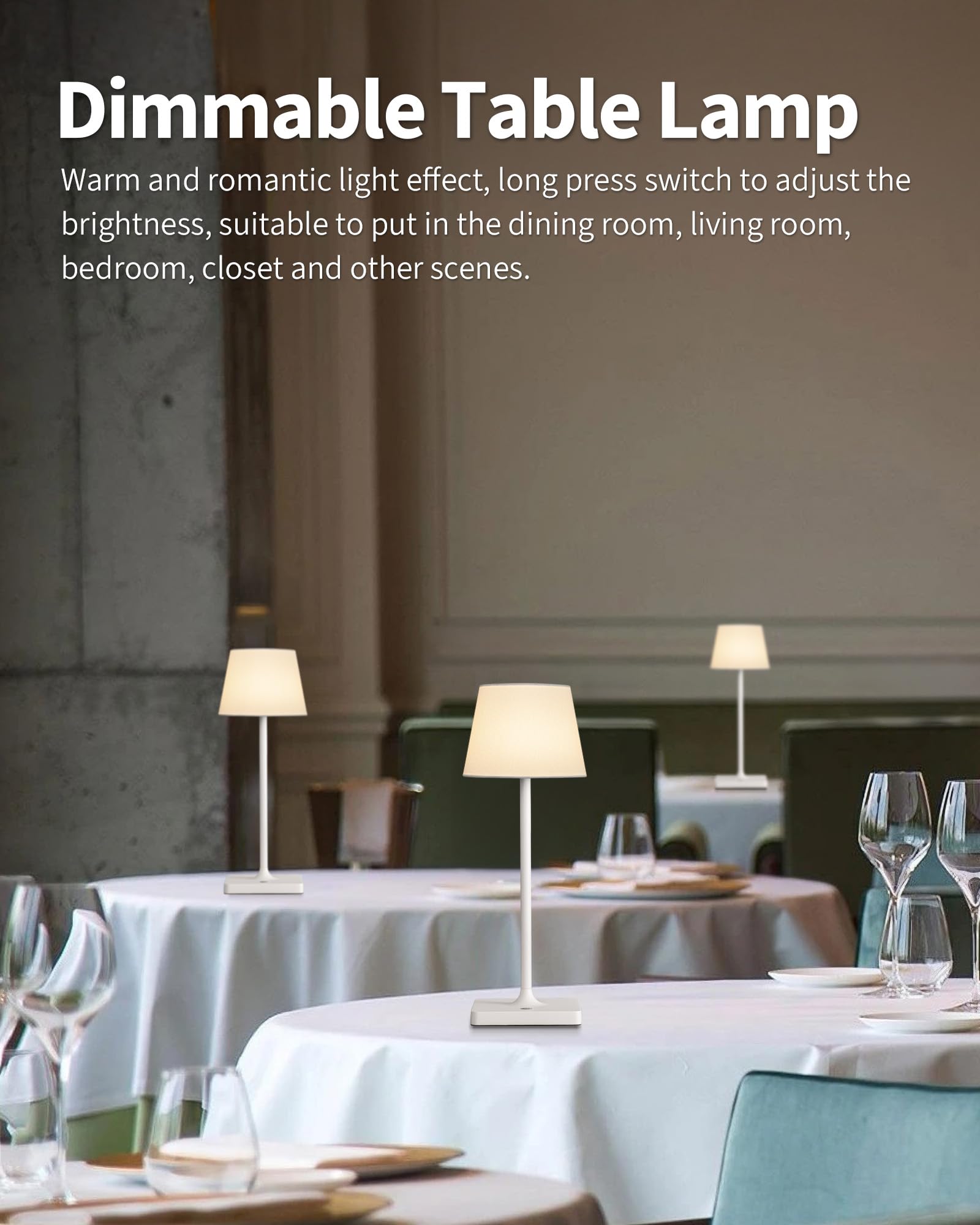 NEWSEE Cordless Portable Touch Table Lamp Set of 2, 4000mAh Rechargeable Battery Powered Dimmable LED Desk Lamps Fabric Lampshde