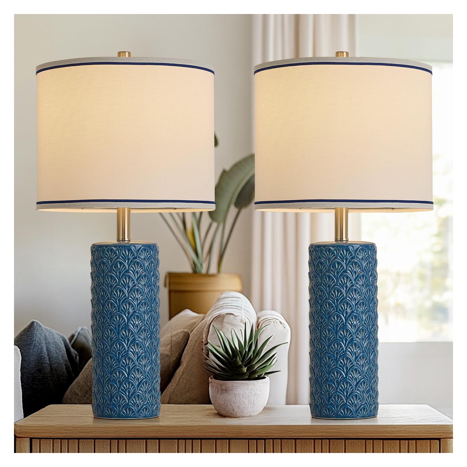 HELIJIA 27 Farmhouse Bedside Table Lamp Set of 2  Bule Modern Ceramic Lamps for Living Room  3 Color Temperature Rustic Table Lamps for Bedroom  Night Stands  Dorm Office  Home D?cor (Bulb Included)