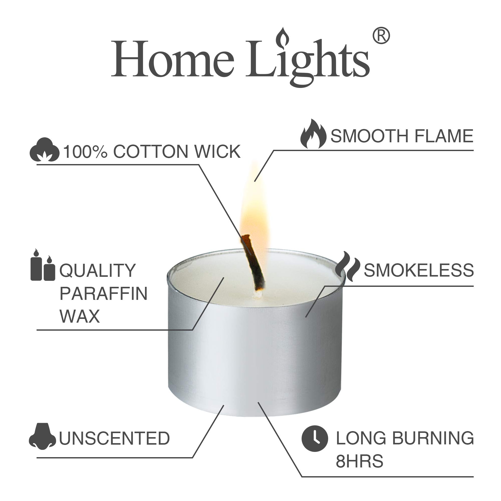 Home Lights Tealight Candles, 300 Pack, White, Smokeless, Unscented, 8 Hour Burn Time, Perfect for Weddings and Home Decor