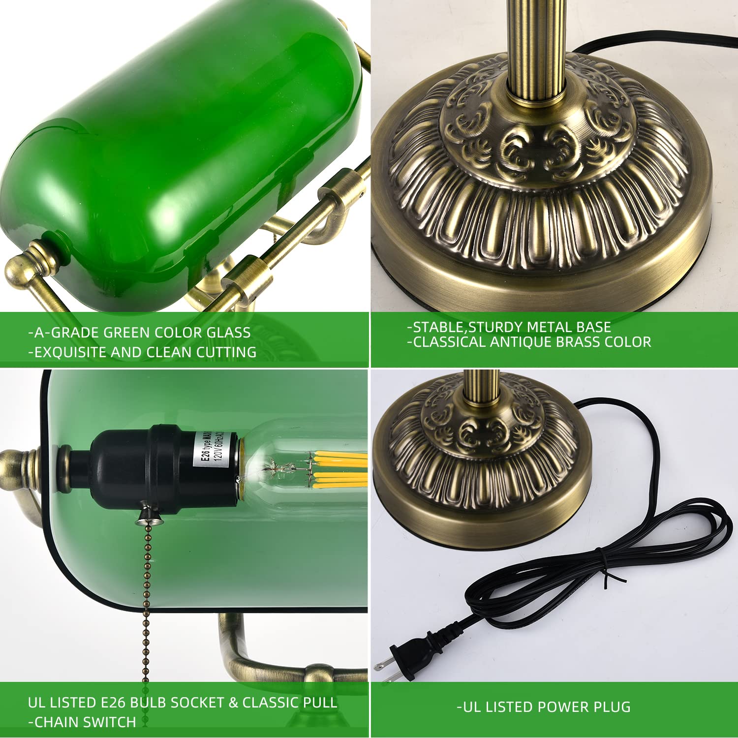 Rizzyluz Vintage Green Glass Bankers Desk Lamp with USB Port, Metal, Model RZ-MT0249 AB