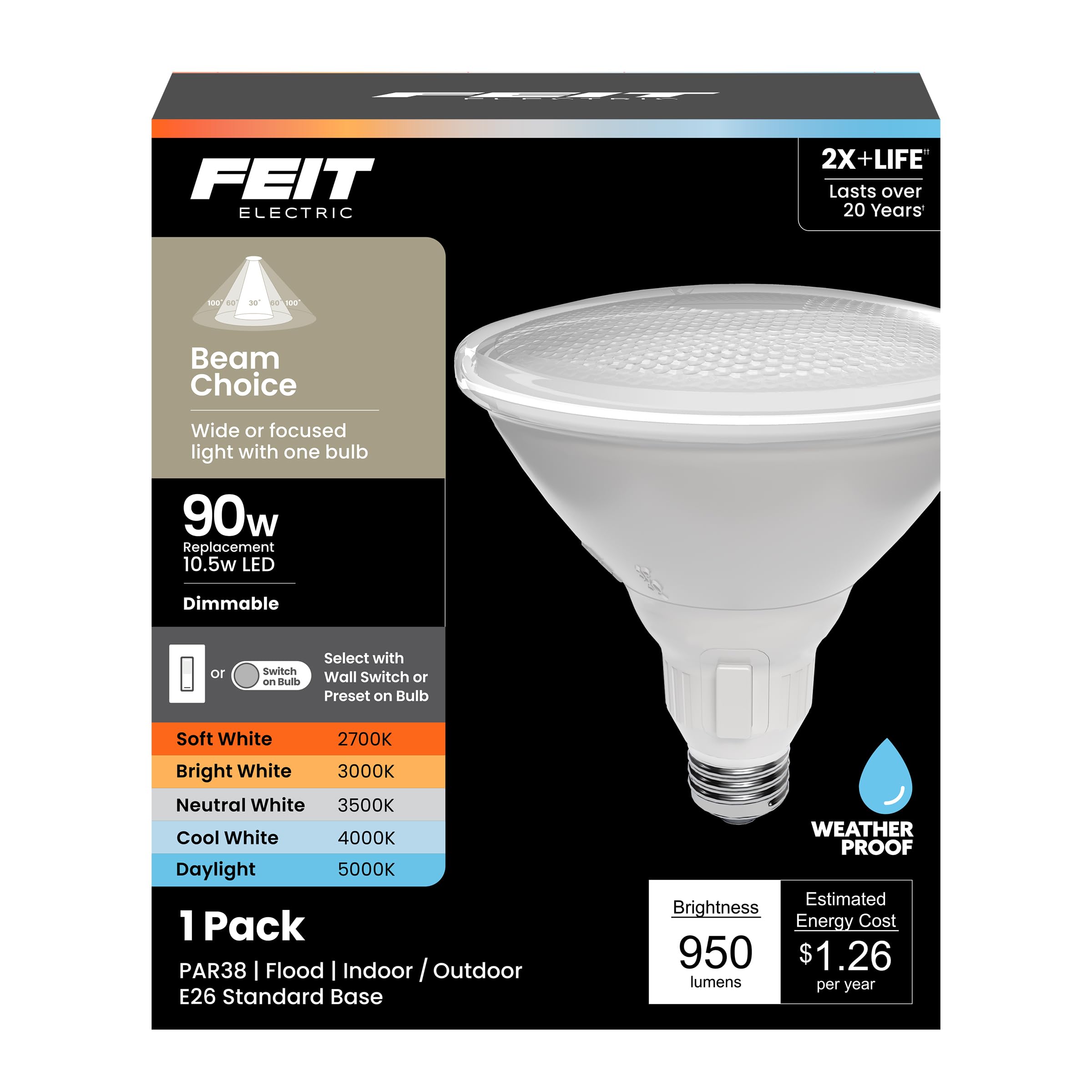 Feit Electric Par38 Led Reflector Light, 90W Equivalent, Dimmable, Adjustable Beam, Adjustable White (2700K-5000K), 90+ Cri, Ind