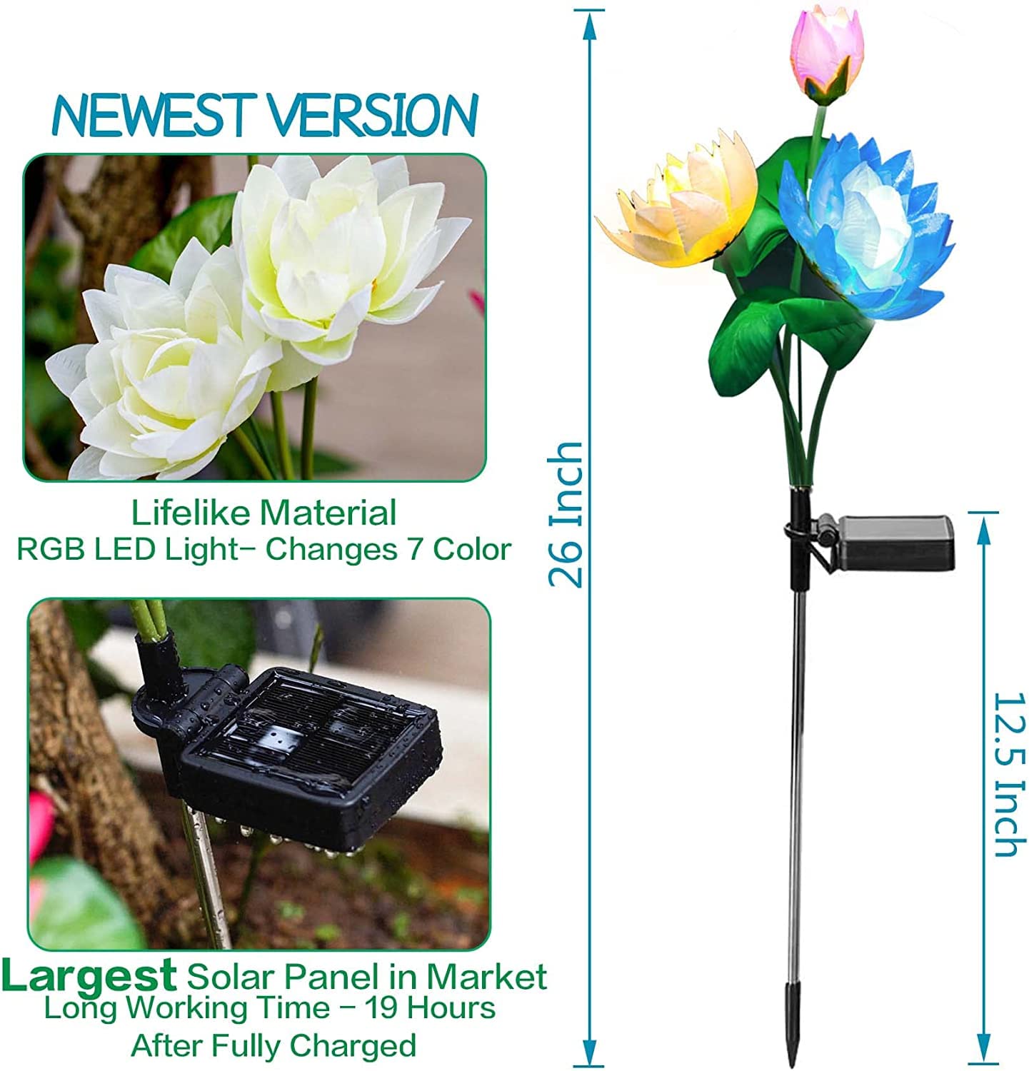 TONULAX Solar Lotus Flower Lights, Multicolor LED, Waterproof, Touch Control, 2-Pack, Plastic Silk