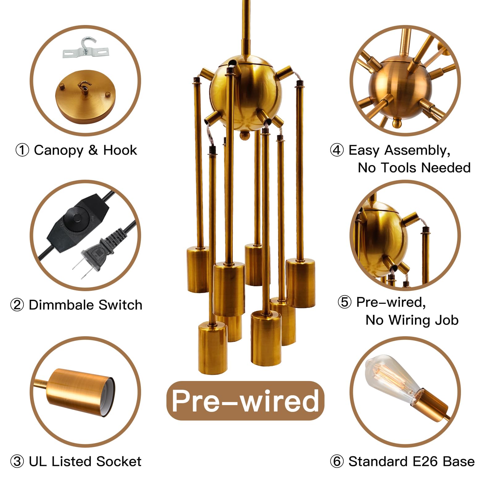 Hoxiya 26.3&quot; Gold Dimmable Plug-In Chandelier, 8-Light Modern Sputnik Pendant Light