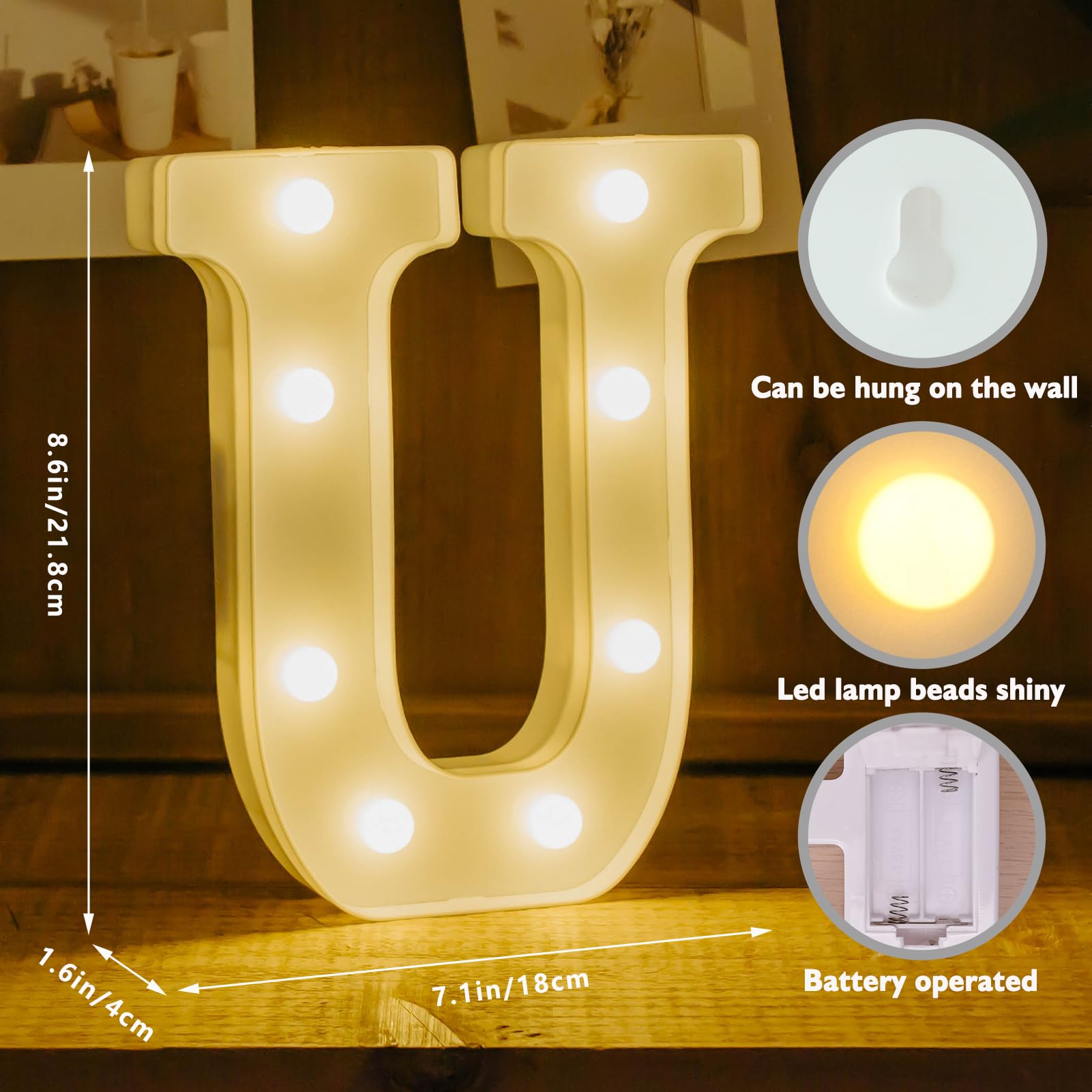 IFDGCTK Light Up Letters - Decorative LED Alphabet U, Battery Powered, Compact Warm Light Plastic Home Decor