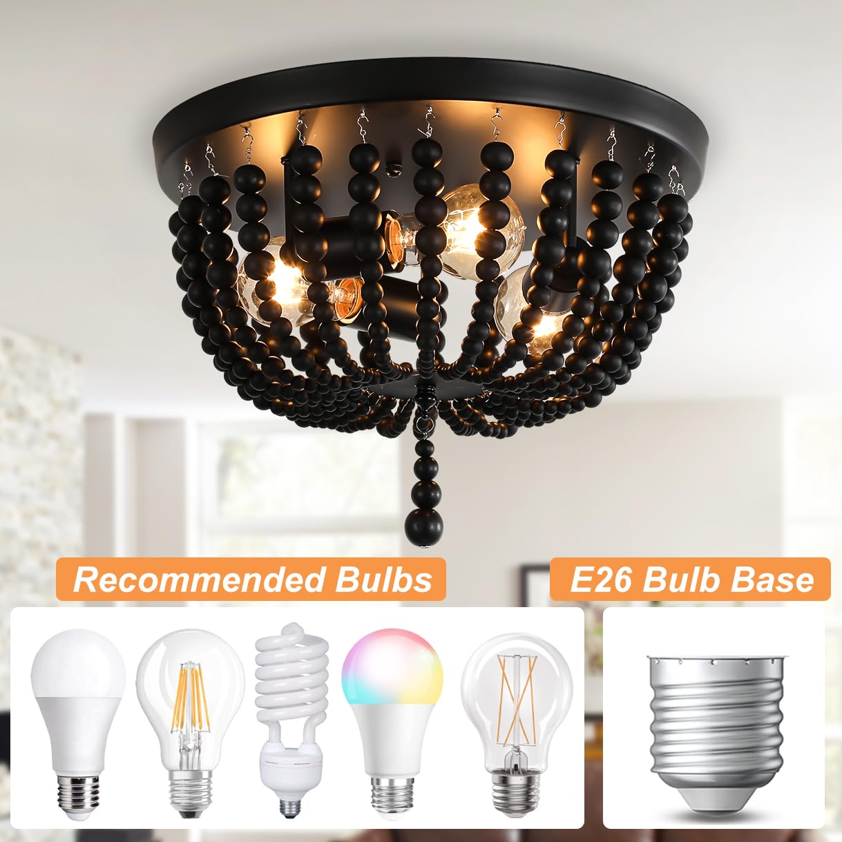 Black 14.1 Inch Boho Chandelier,3-Light Wood Beaded Chandelier Light Fixture Bohemia Draped Bead Chandelier, Flush Mount Ceiling