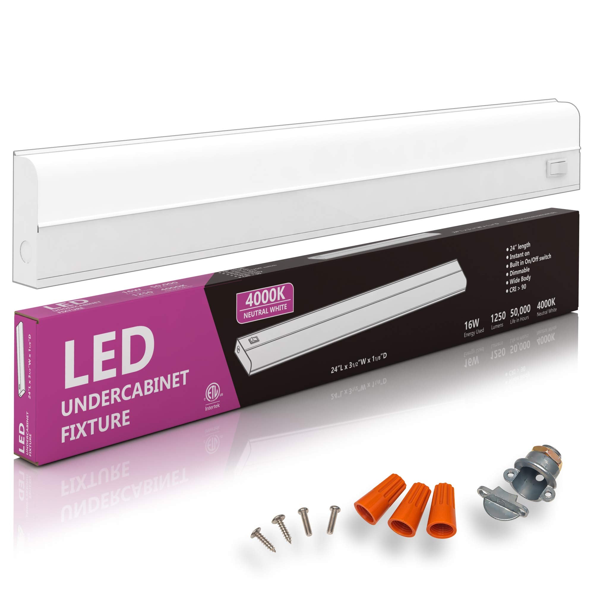 Hardwired LED Under Cabinet Task Lighting - 16 Watt, 24'', Dimmable, CRI>90, 4000K (Cool White), Wide Body, Long Lasting Metal B