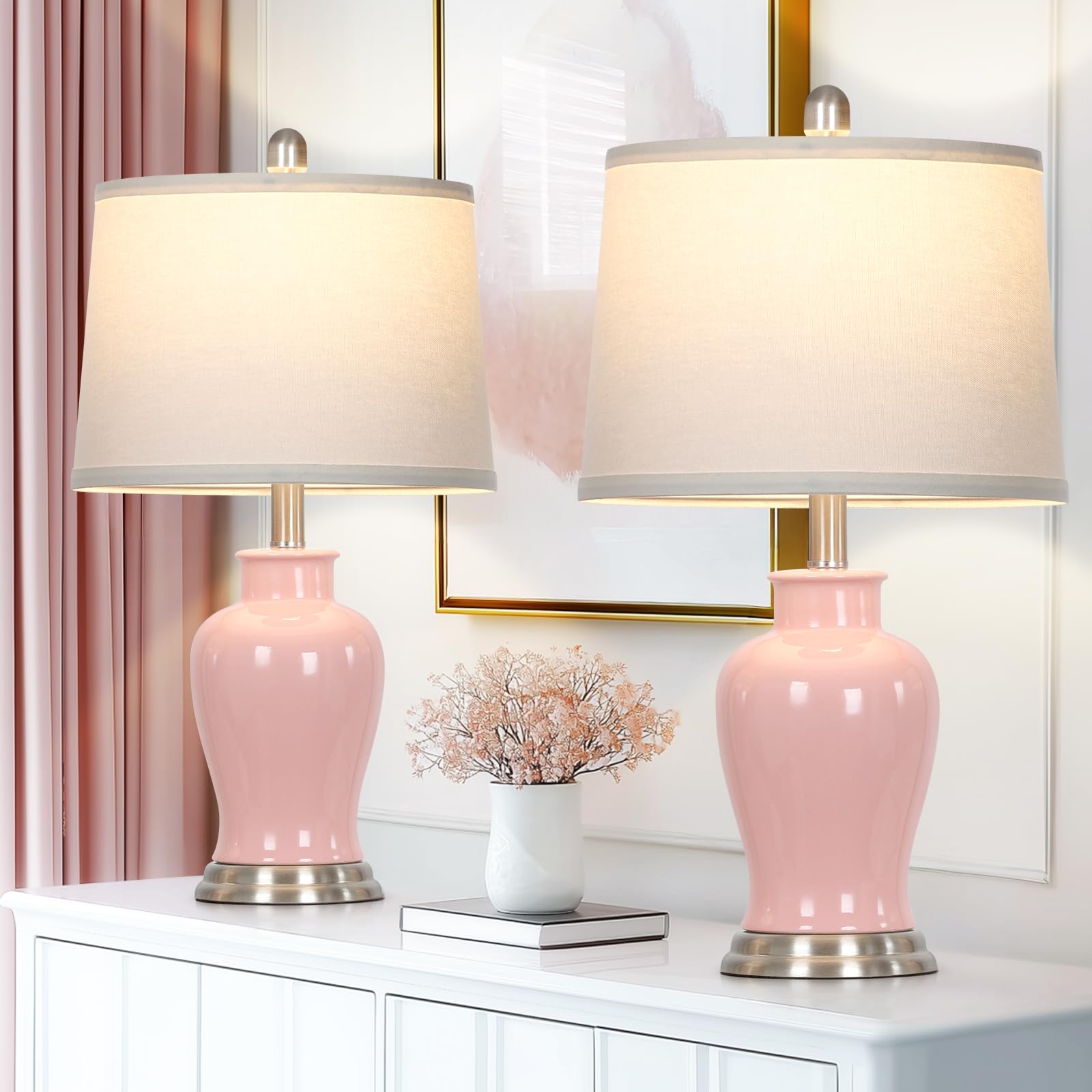 LUXEFLOW 23 Pink Ceramic Table Lamps for Living Room  Modern Ceramic Lamps with Ginger Jar Design  Cute Bedside Lamp Set of 2  Elegant Bedroom Lamp for Nightstand Dining Room Side End Table Homedecor